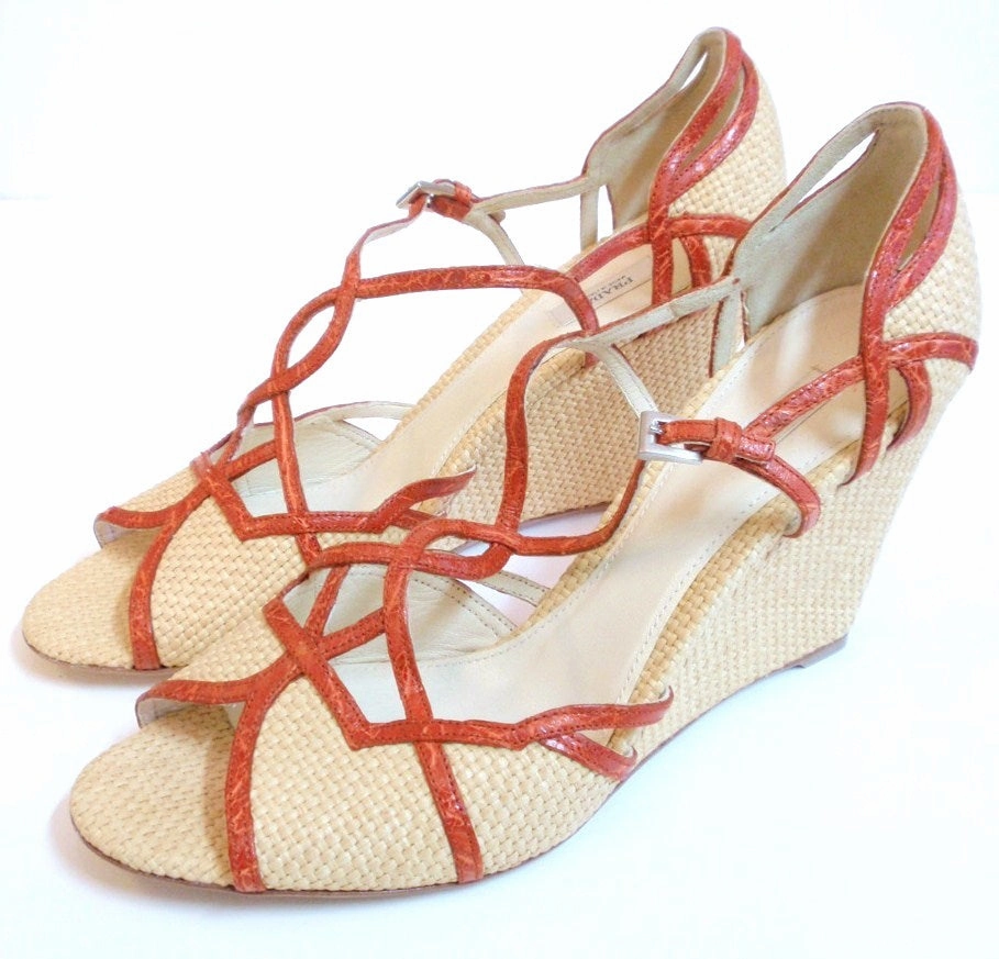 PRADA Woven Straw w/ Orange T-Strap Wedge Sandal Size 39 High Heels With Fish In Them