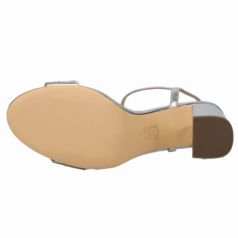 Haven Metallic Rhinestone Ankle Strap Block Heel Sandals Grey Shoes Casual