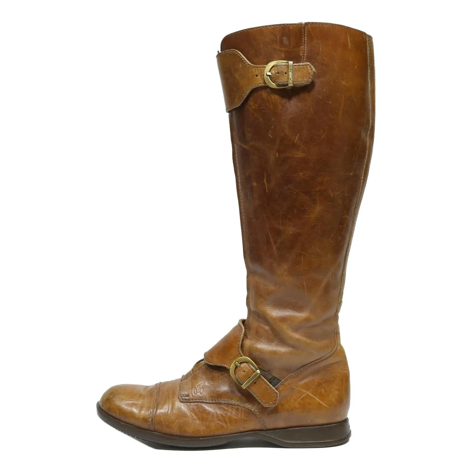 Work Winter Boots HOGAN Womens Leather Knee High Boots Brown UK 5.5 Classic Stylish Comfortable