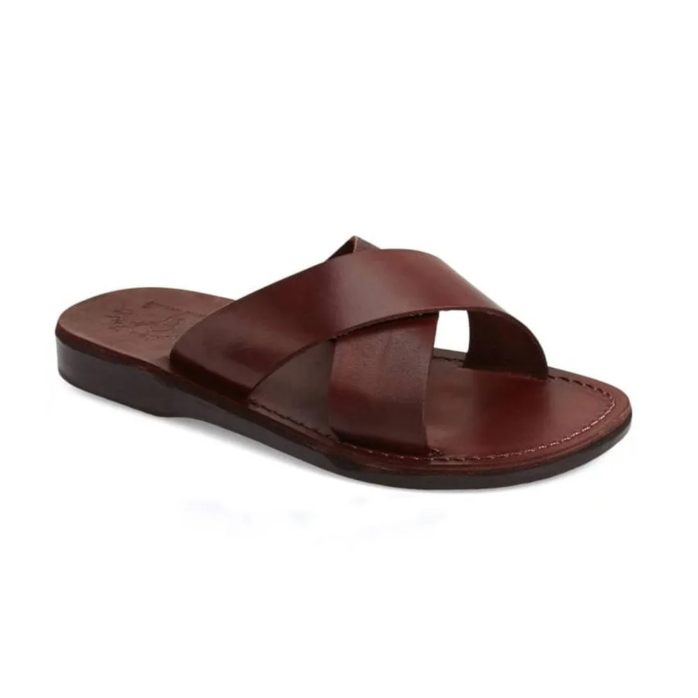 Elan - Leather Cross Strap Sandal | Brown Sandals Vs Slides