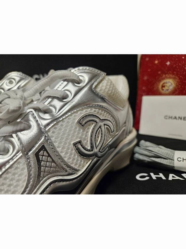 Force One Sneakers Fabric Laminated Low Top Sneakers Silver Chanel