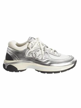 White Athletic Sneakers Fabric Laminated Low Top Sneakers Silver Chanel
