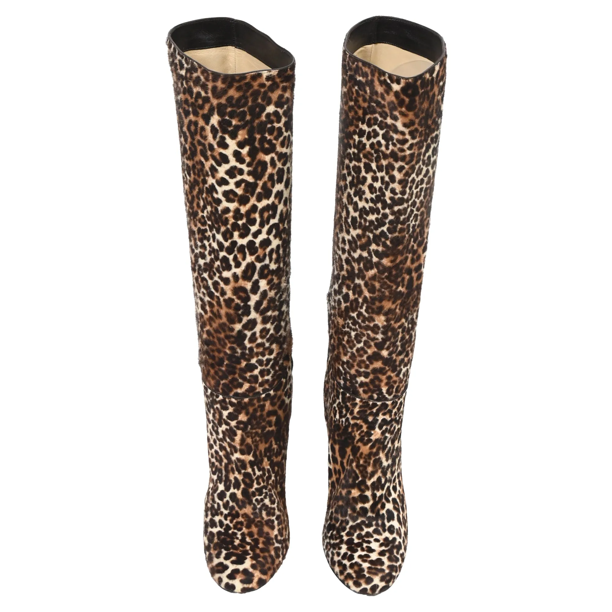 Jimmy Choo Leopard Print Knee-High Boots in Brown Pony Hair Equine Boots