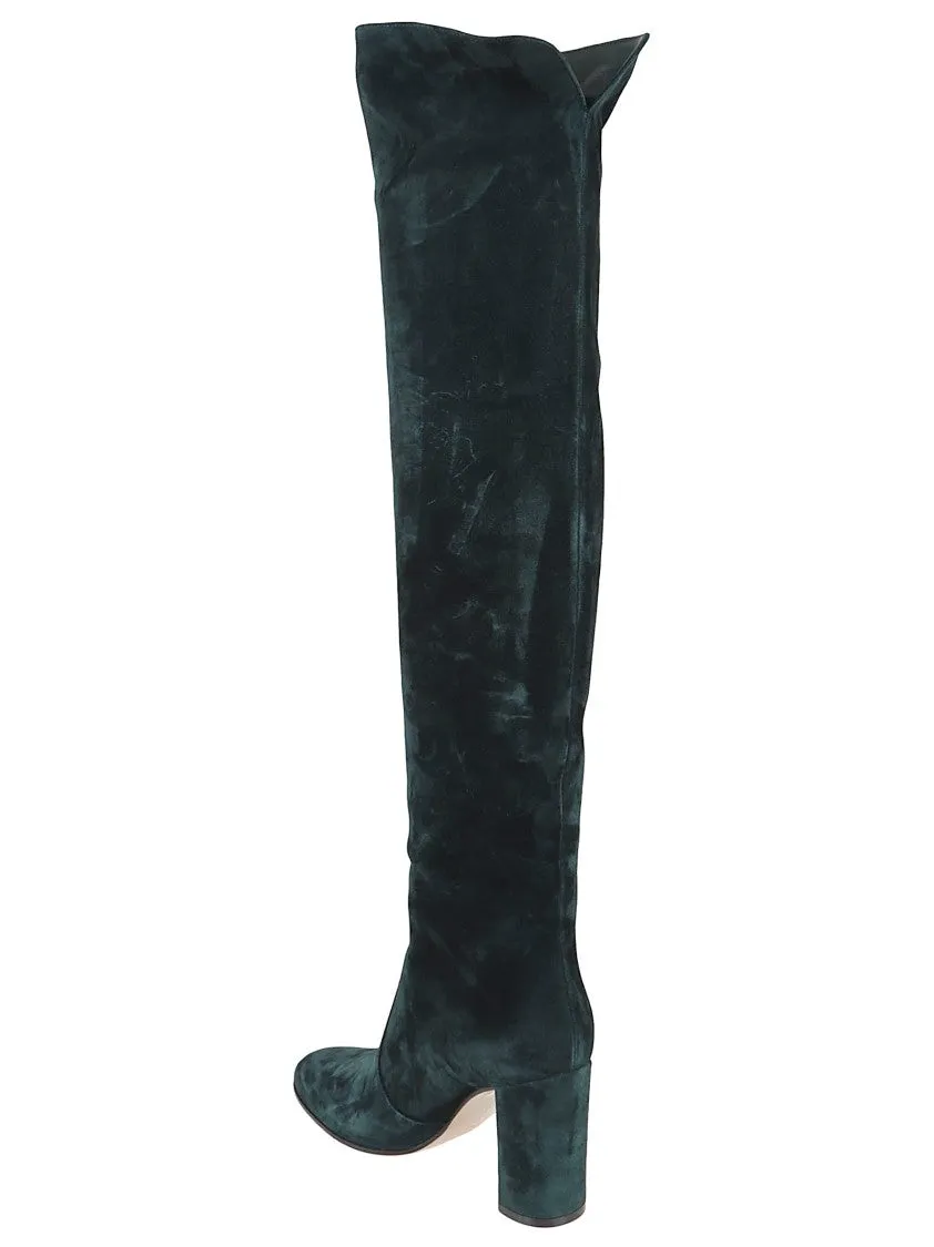 White Gogo Boots Knee-High Black Suede Boots With Block Heel