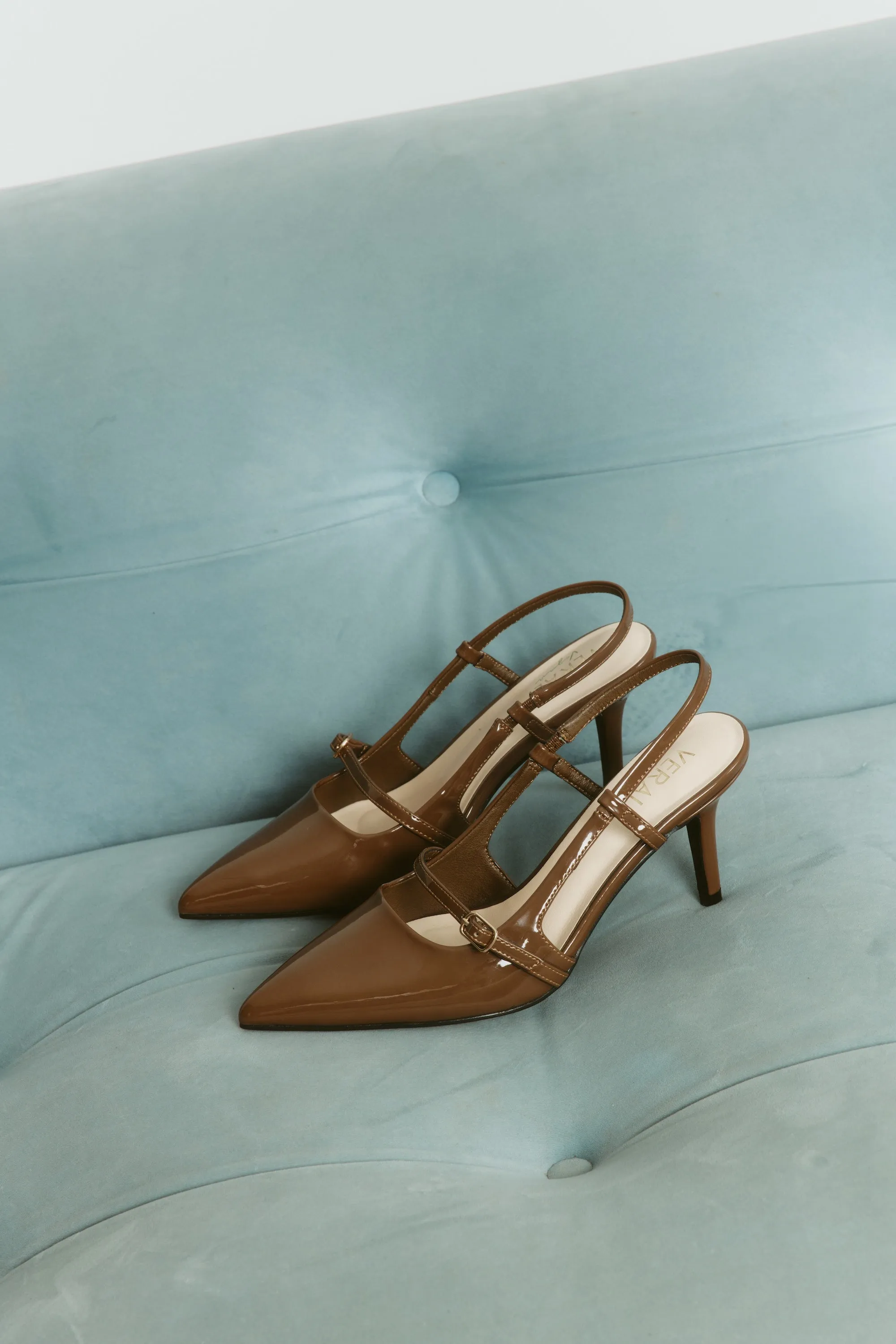 Leather Low Heel Knee Boots Leia Slingback Stilettos - Cocoa Brown Patent