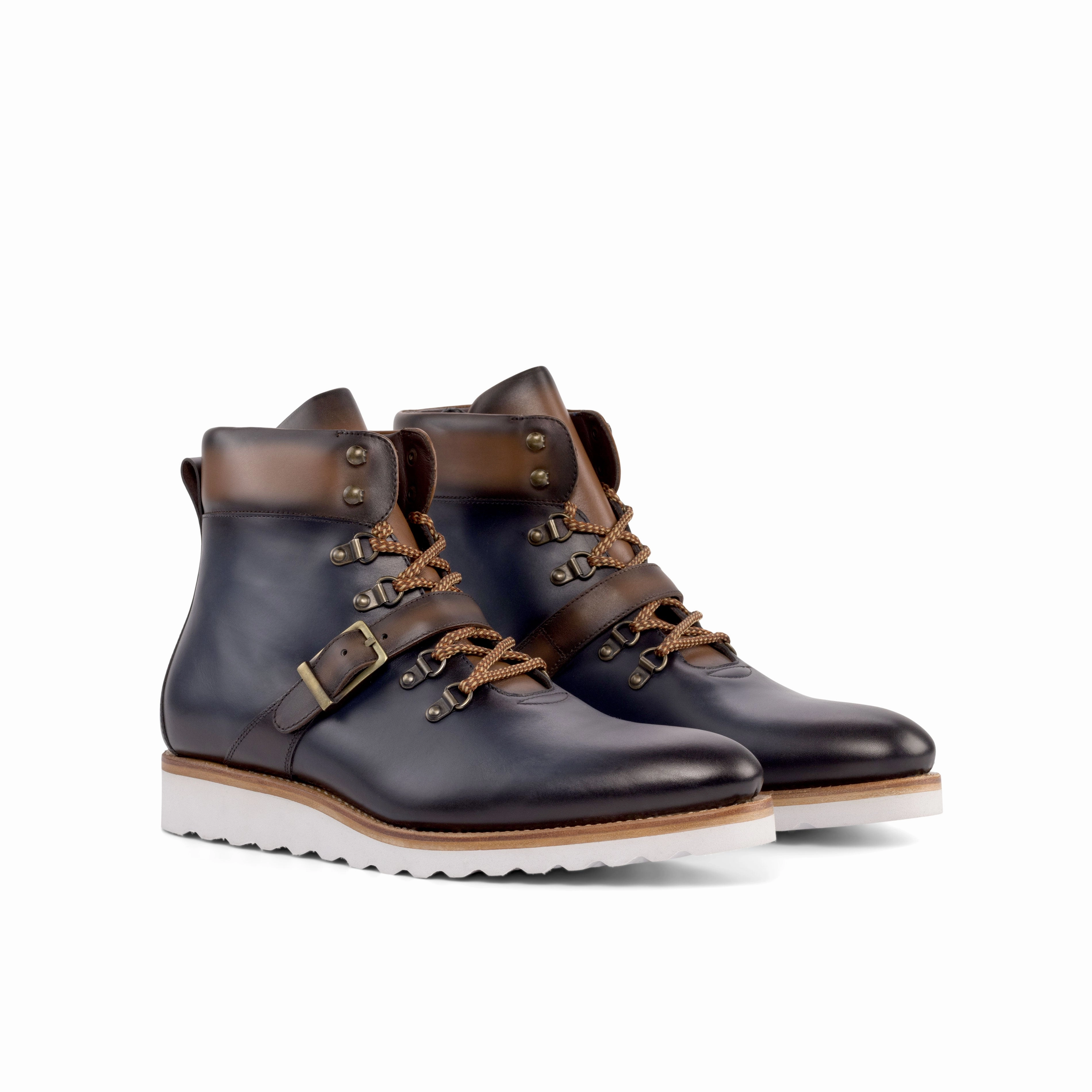 Navy & Brown Calf Hiking Wedge Boots Pull On Snow Boots