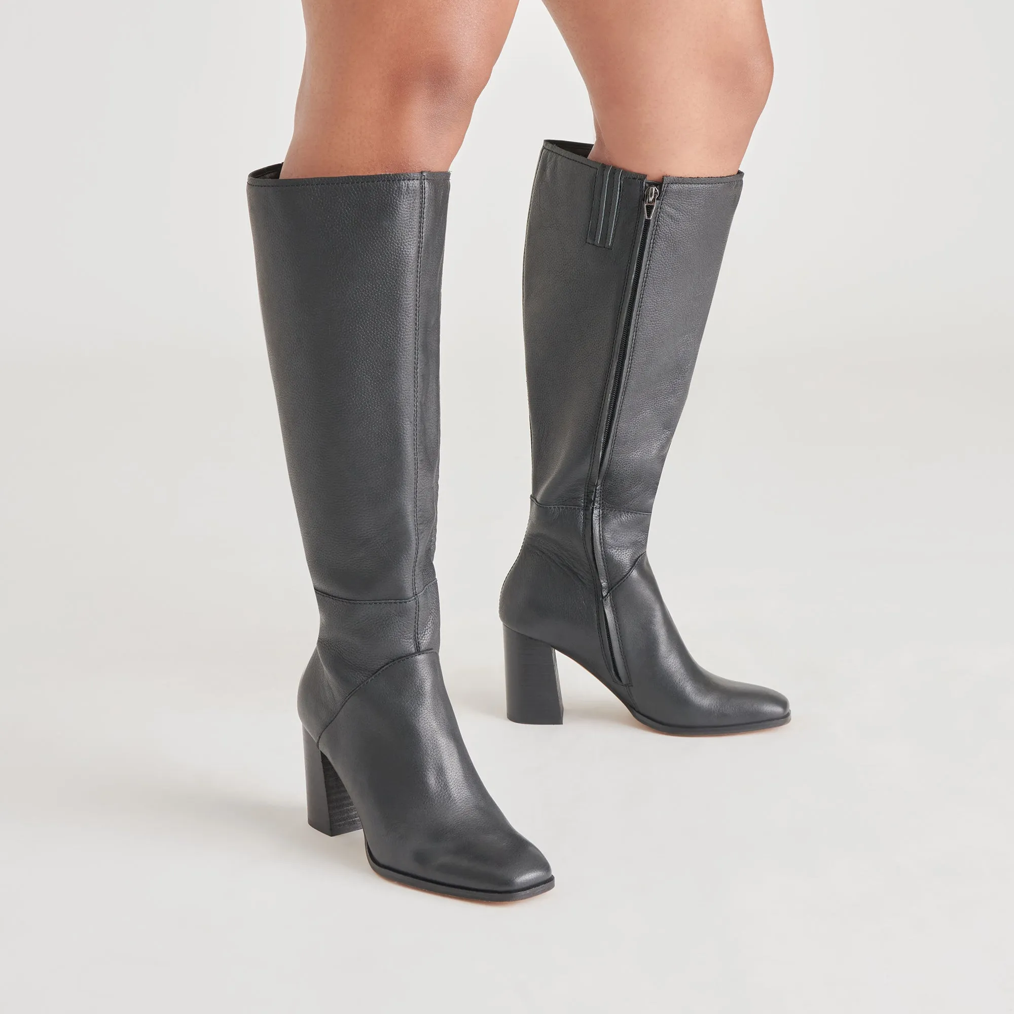 Square Toe Suede FYNN WIDE CALF BOOTS ONYX LEATHER