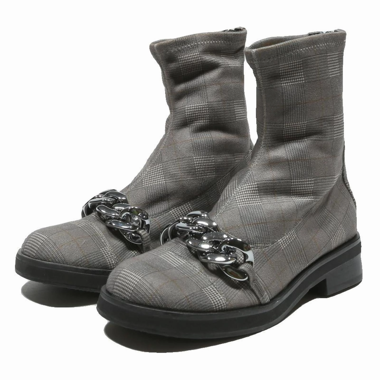 CHARLES & KEITH Womens Grey Check Ankle Boots Synthetic UK 3 Zip Detail Chain Wedge Winter Boots