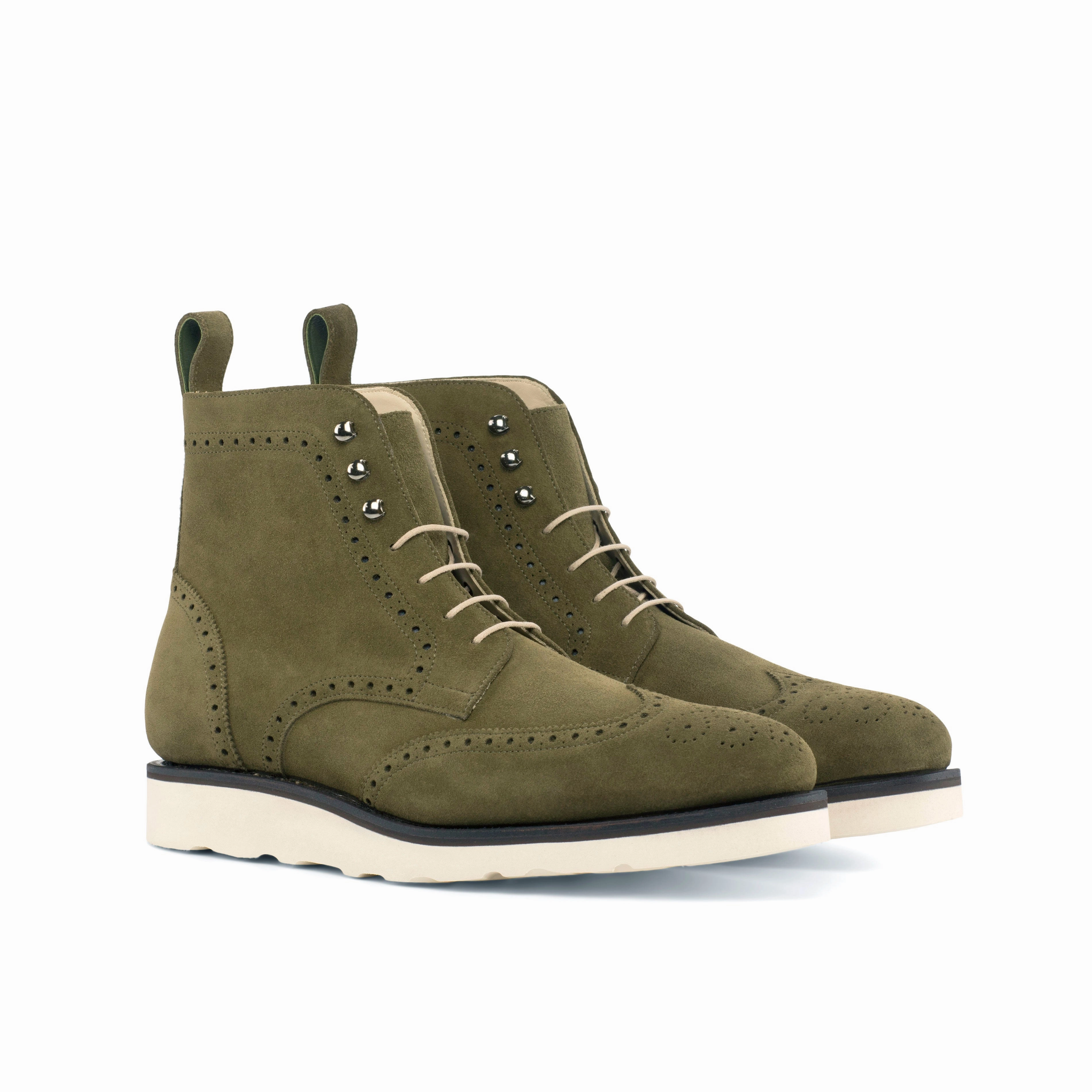 Khaki Suede Brogue Boots Shiny Boots