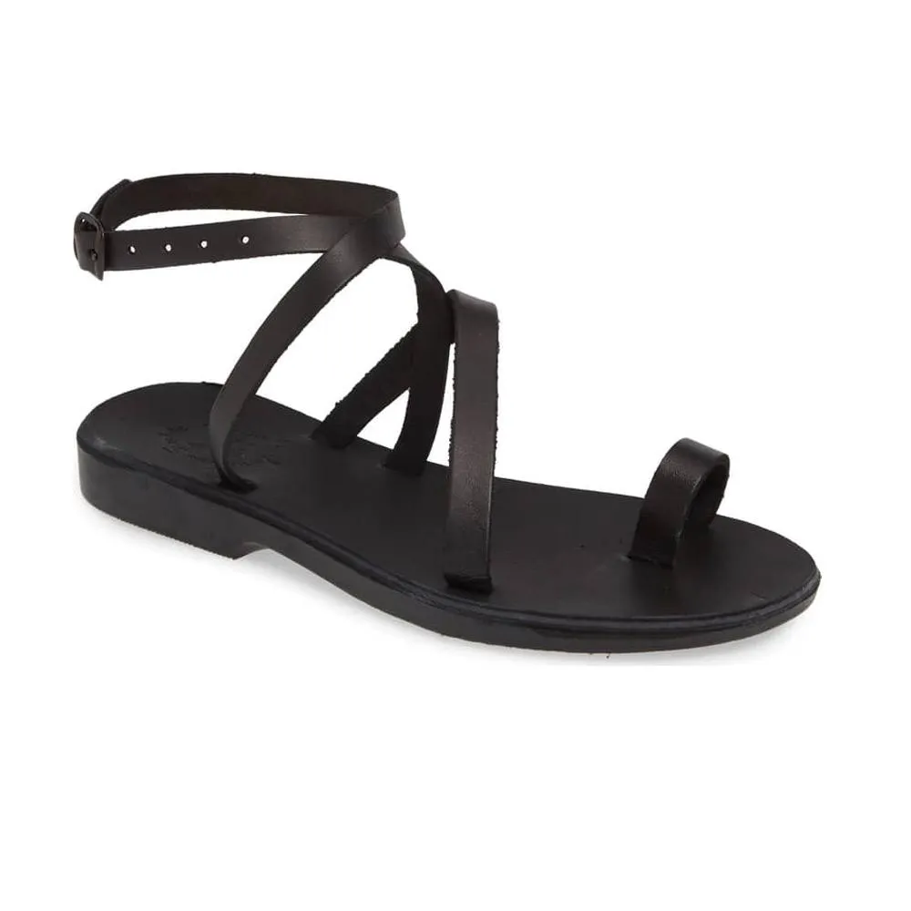 Mara - Leather Thin Ankle Strap Sandal | Black Arch Support Slide Sandals