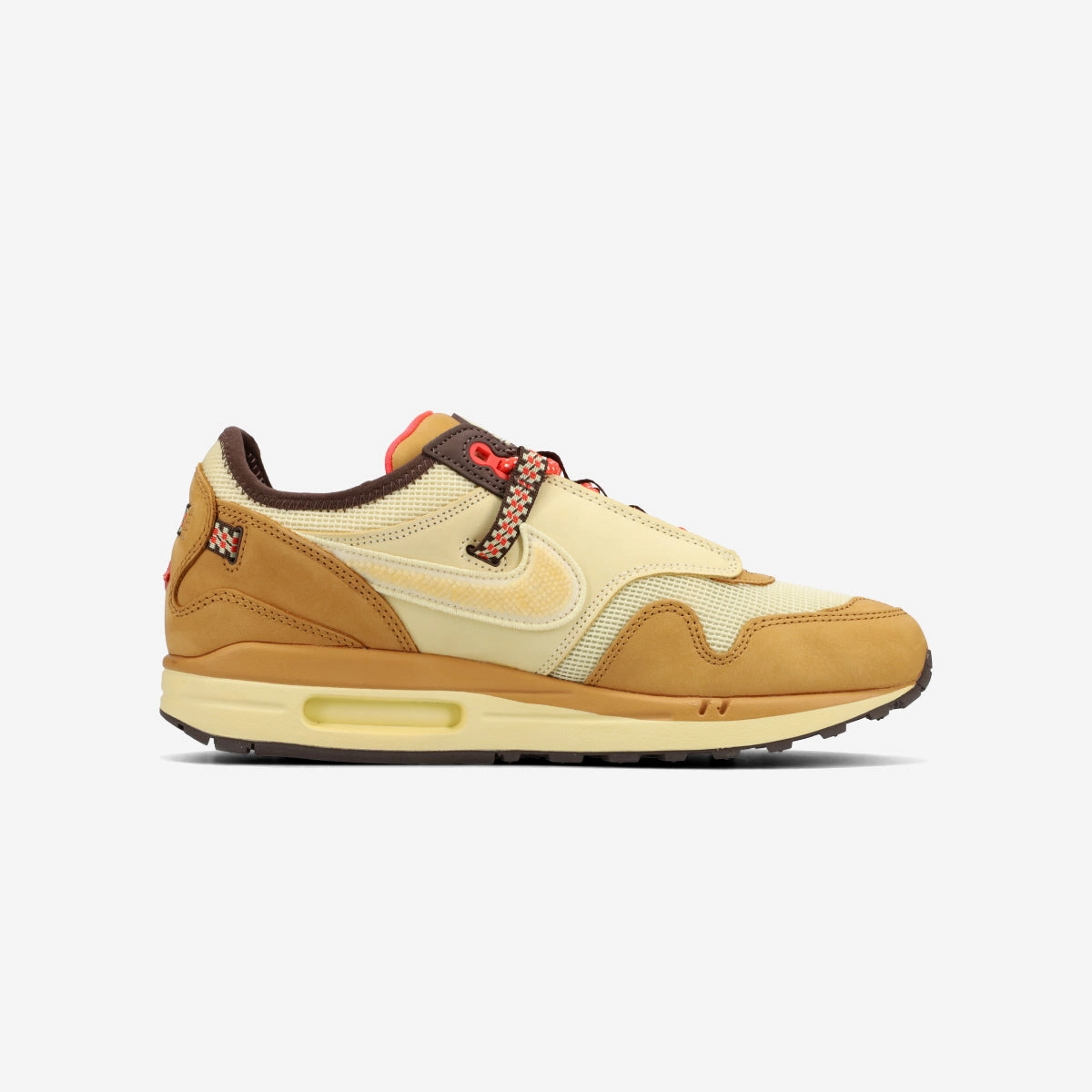 NIKE AIR MAX 1 X CACT.US CORP -TRAVIS SCOTT- WHEAT/LEMON DROP/BAROQUE BROWN Calvin Johnson Nike Shoes