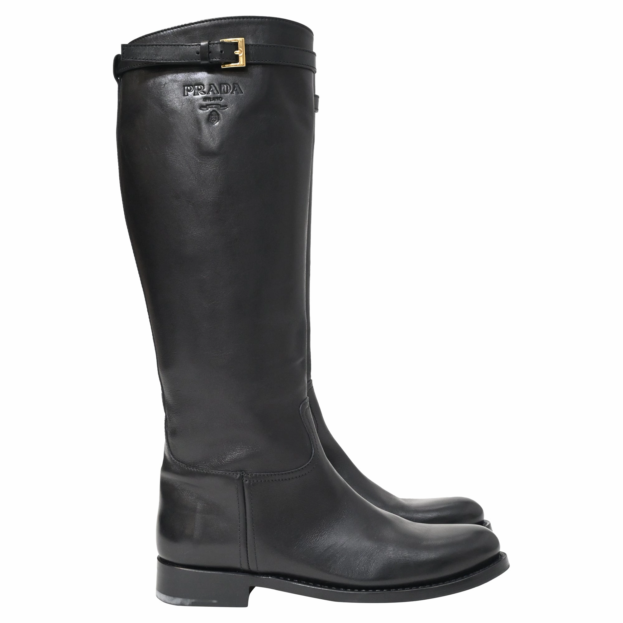 Prada Knee-High Riding Boots in Black Calfskin Leather Top Rated Western Work Boots