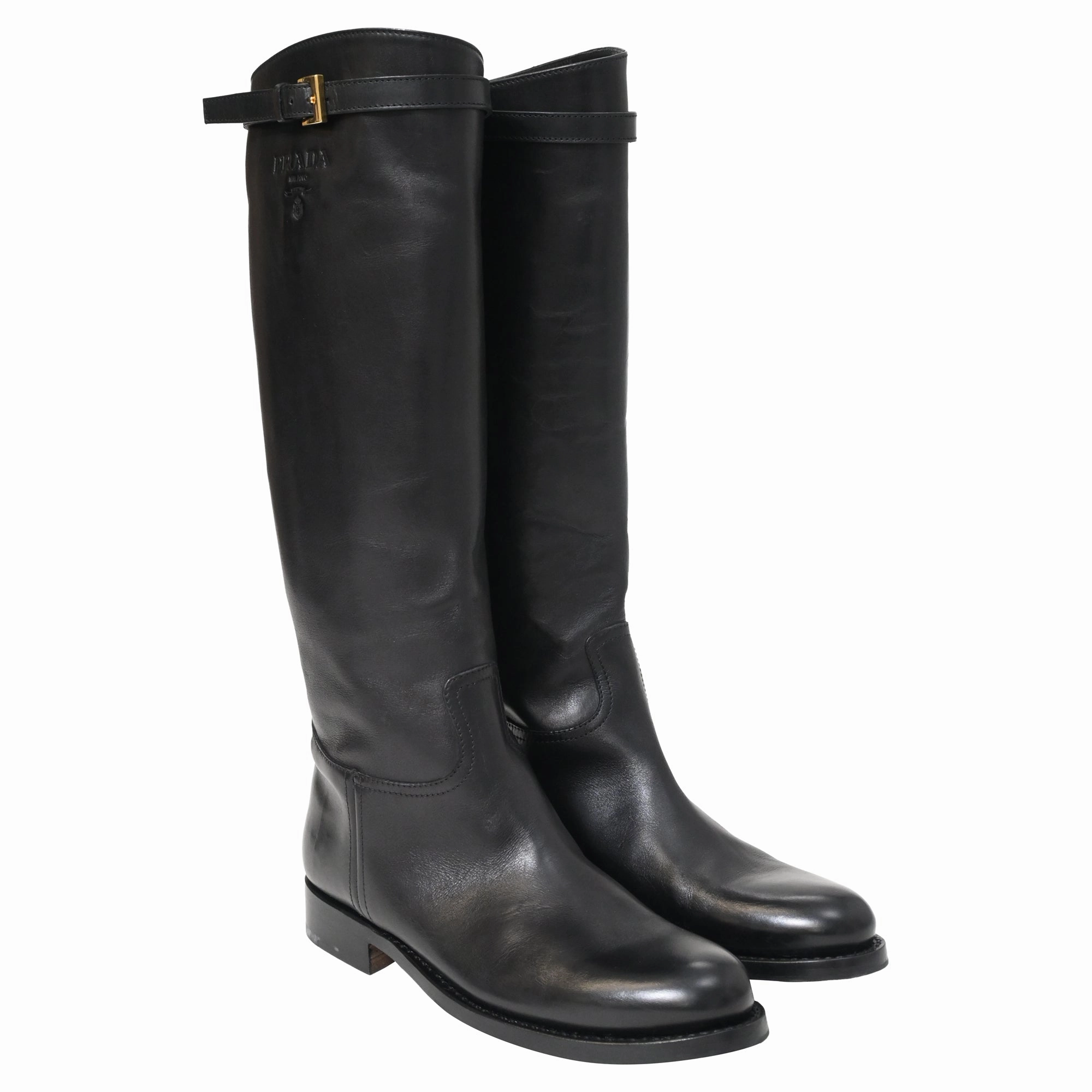 Prada Knee-High Riding Boots in Black Calfskin Leather Rhinestone Western Boots