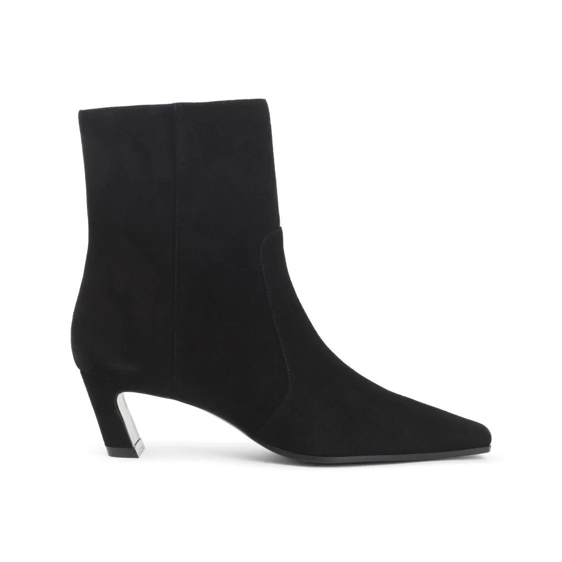Leather Black Pointed Toe Ankle Boots With Mid-Height Heel