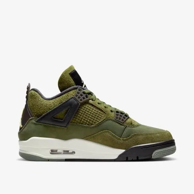 Nike Men's Air Jordan 4 Retro SE Shoes - Olive Green / Vanilla / Khaki / Black / Sail Sneakers On Telephone Wires