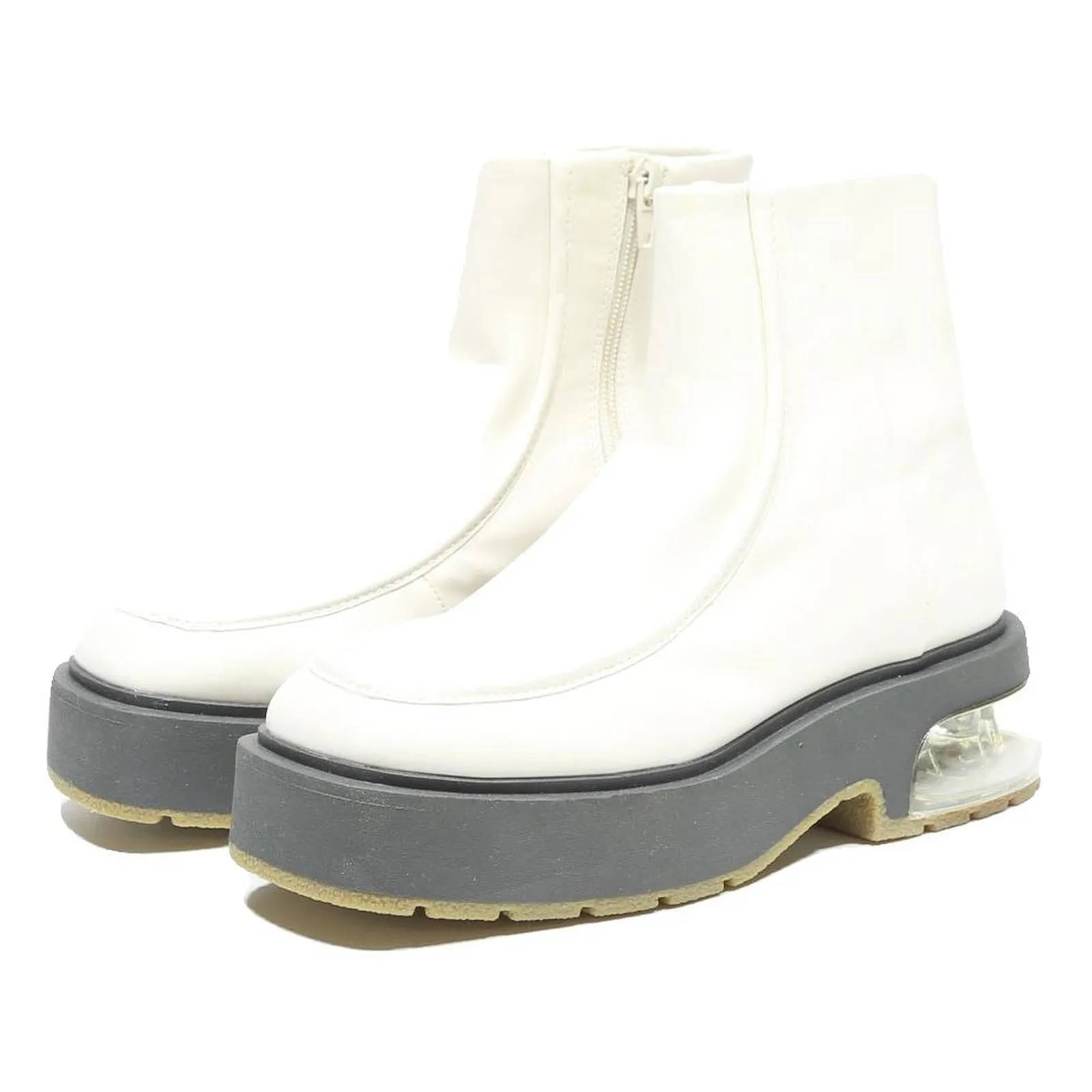 Print In Boots CHARLES & KEITH Womens White Leather Ankle Boots UK 2 Clear Heel Chunky Sole