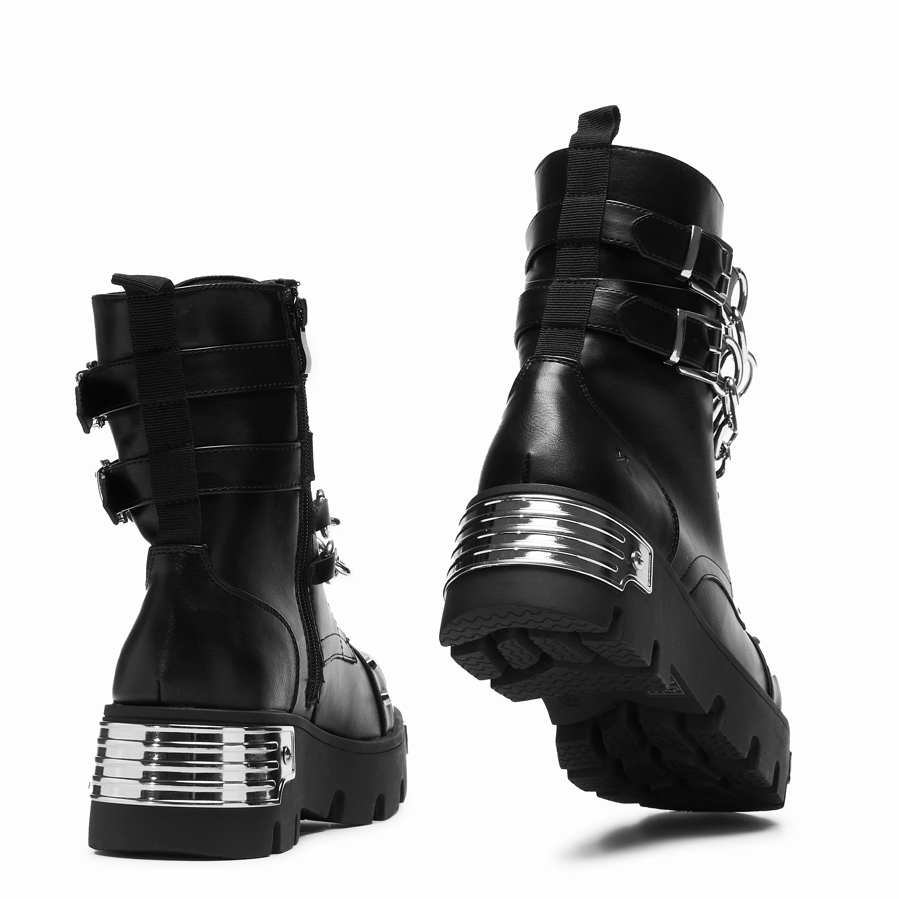Suede Kitten Heel Boots Shackled Shadows Heavy Duty Chain Biker Boots - Black