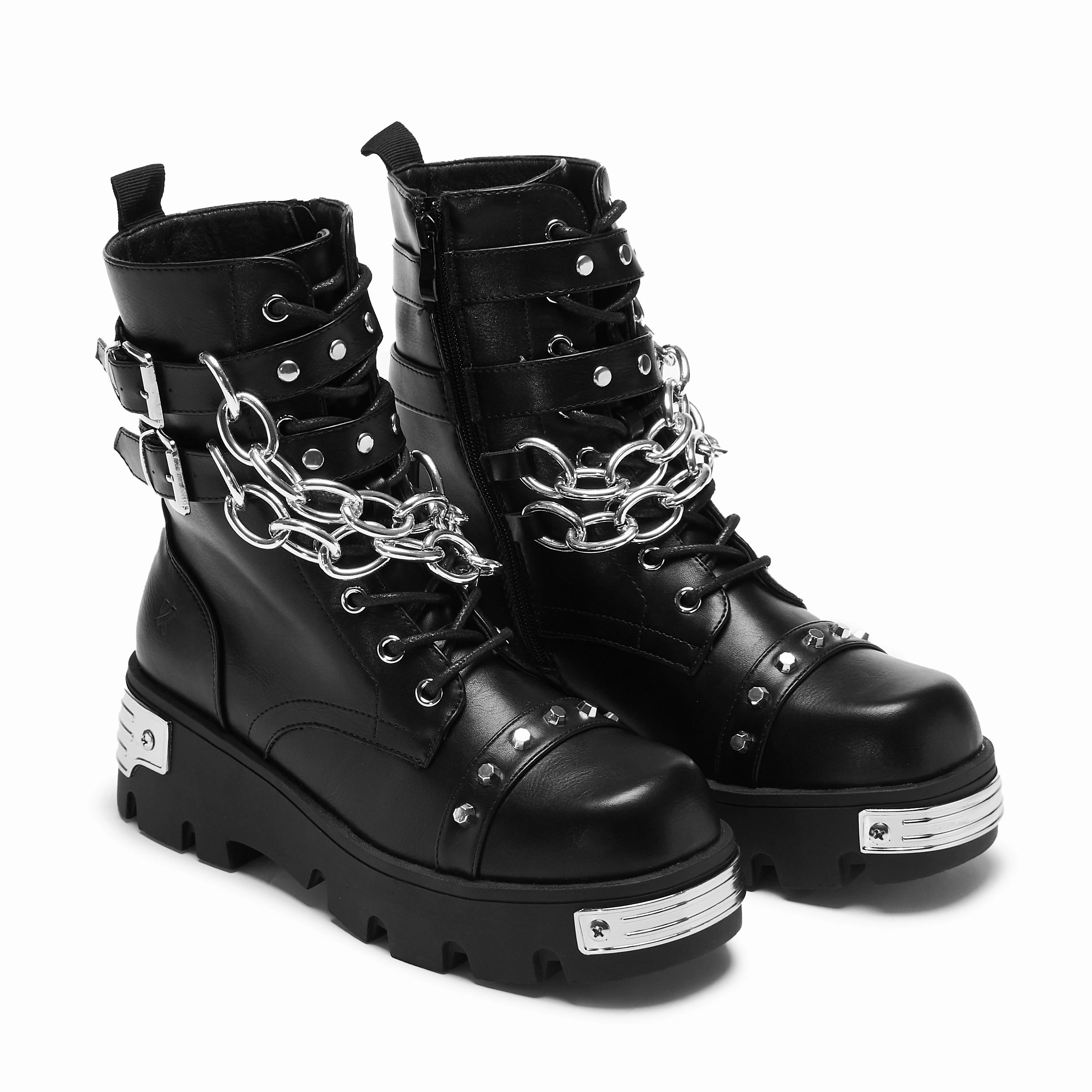 Shackled Shadows Heavy Duty Chain Biker Boots - Black Full Grain Leather Boots