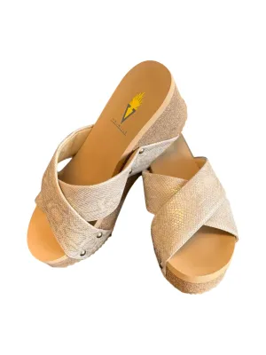 Riverside Wedge Sandals In Beige Croco Comfortable Leather Sandals