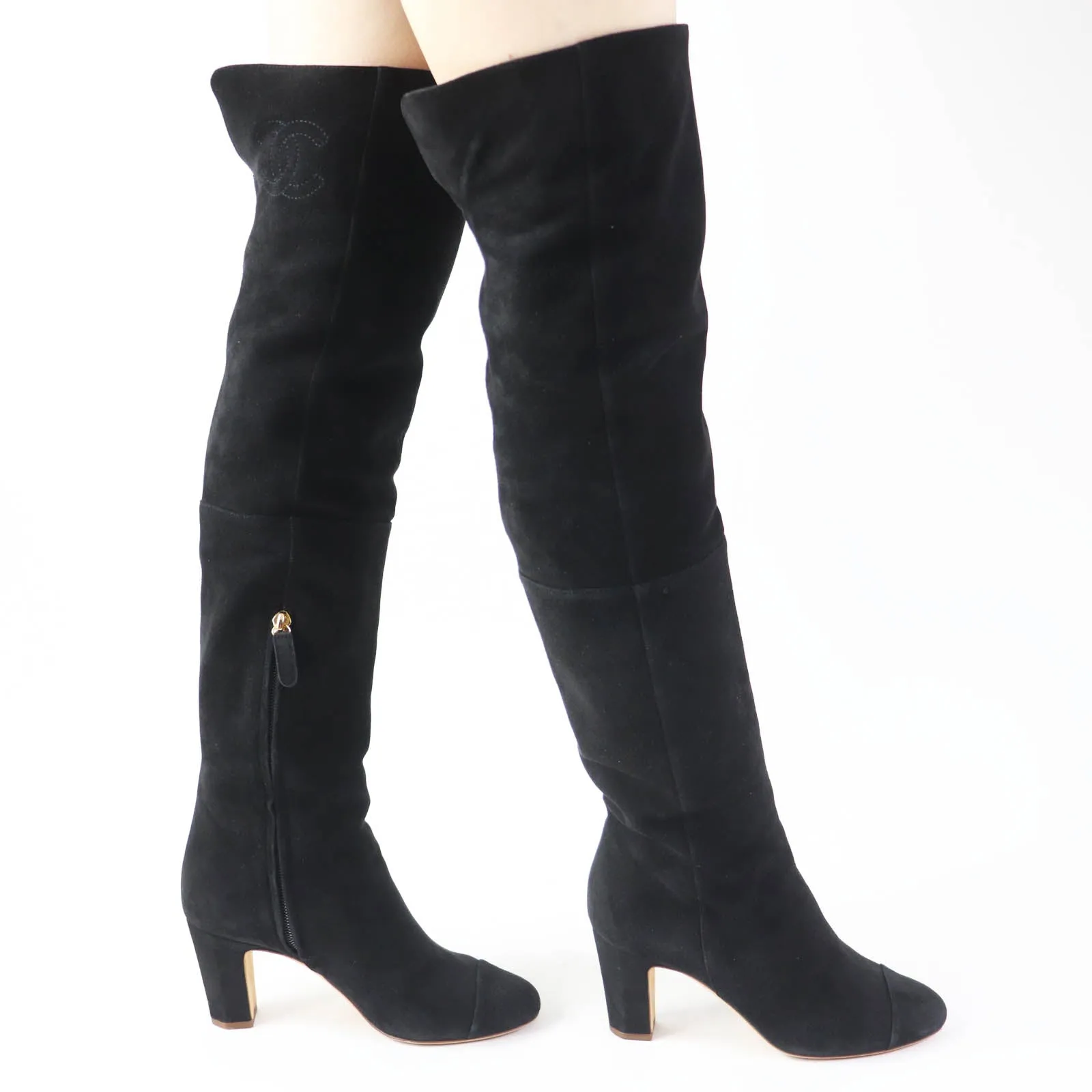 Wedge Knee High Boots Chanel Suede Knee High Boots Black 36