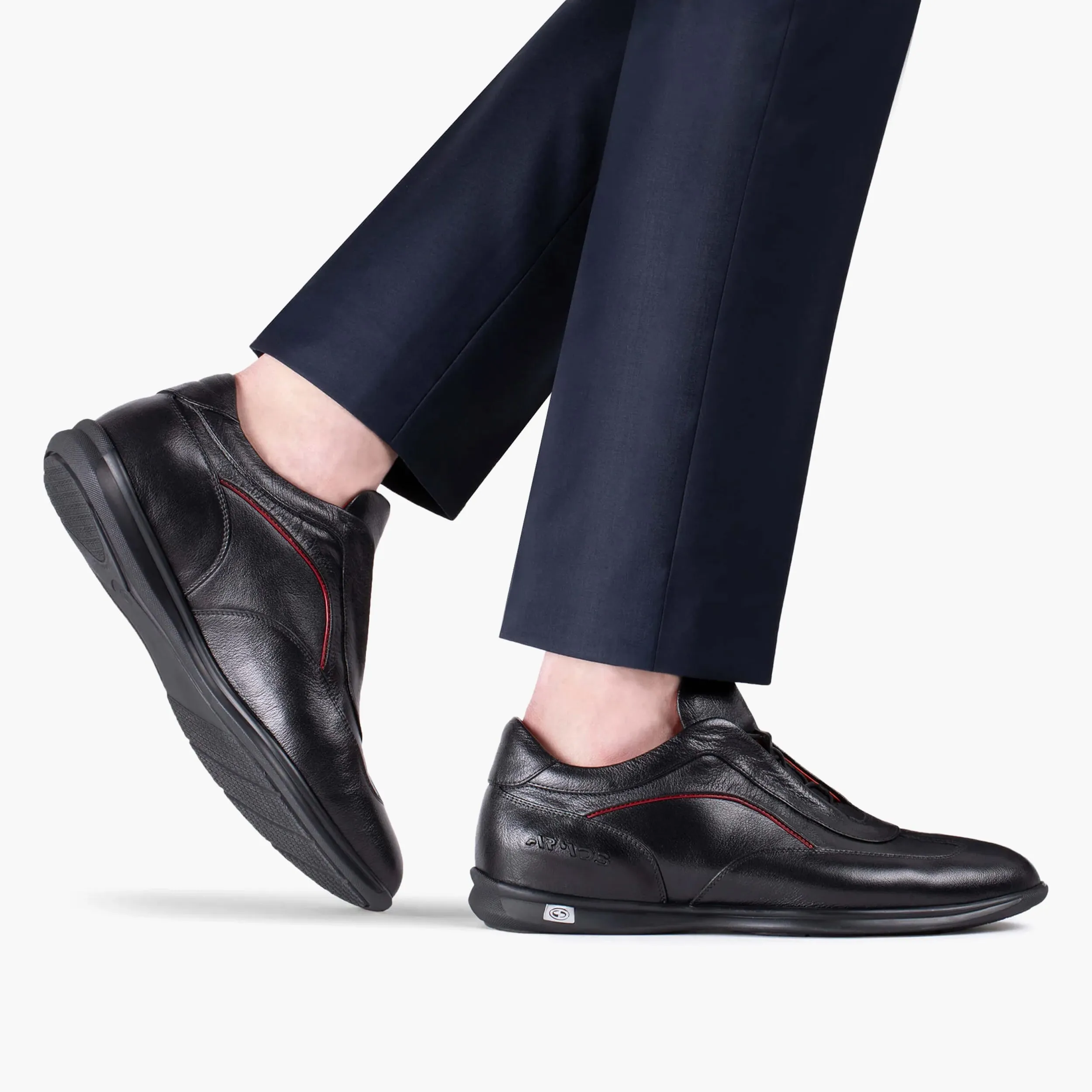 Heydude Wally Casual Shoes Mens Black Leather Sneaker with Red Lines