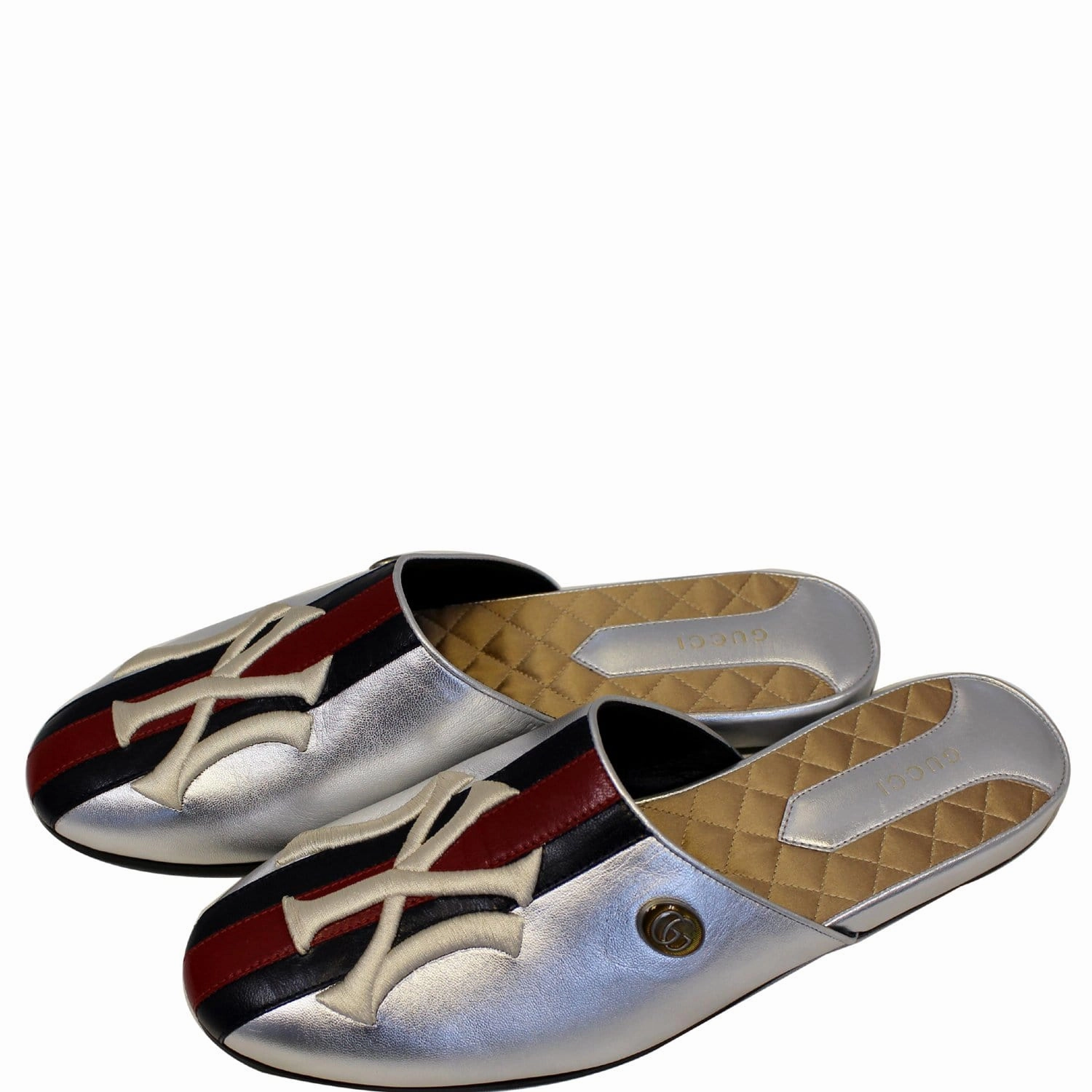 Casual Boat Shoes Outfit GUCCI NY Yankees Metallic Leather Slipper Mules US 10.5