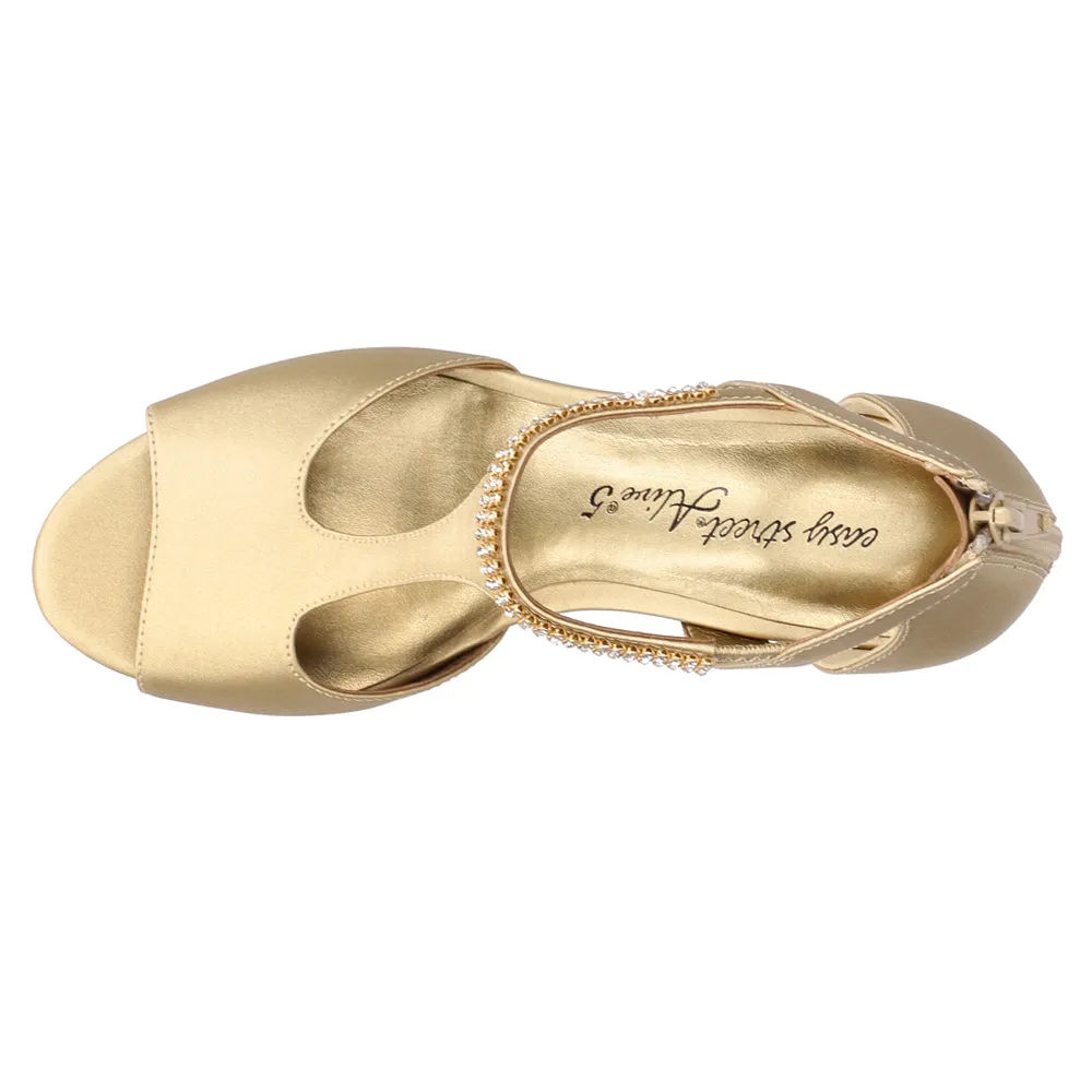 Flash Metallic Rhinestone Platform T-Strap Evening Sandals