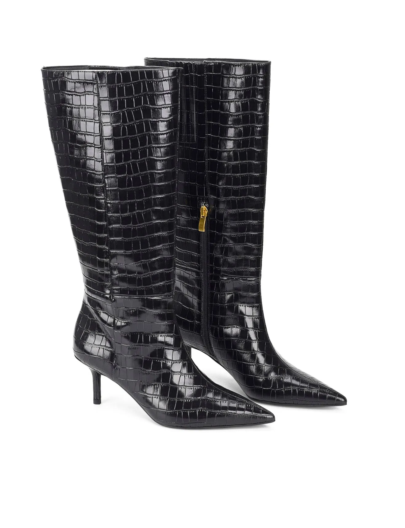 Yonita Long Boots - Black Croc Leather Scoot Boots