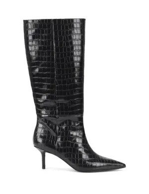 Yonita Long Boots - Black Croc Leather Cute Ankle Boots