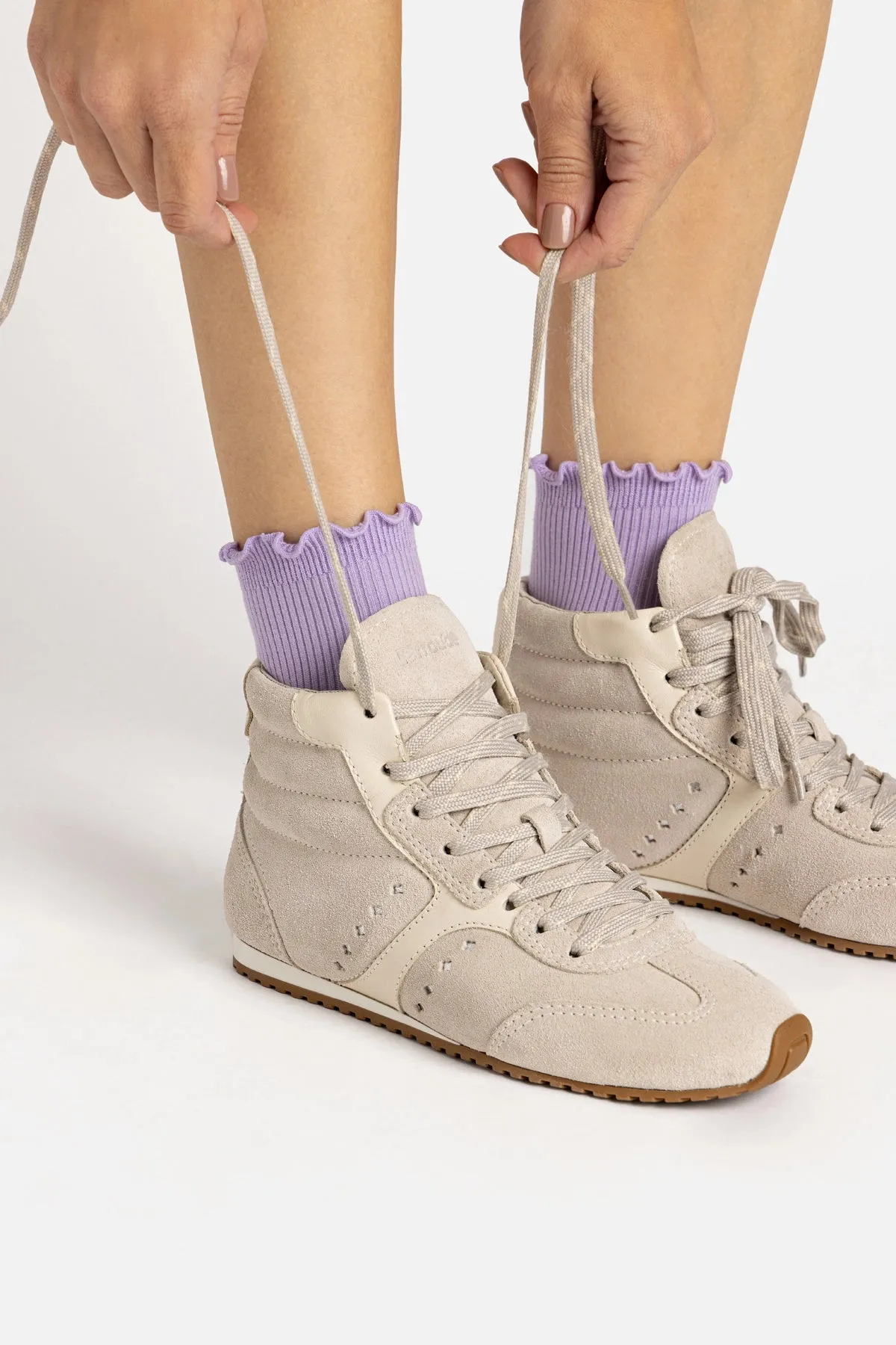 Stella Mid Sneaker In Mushroom Grey Suede and Ivory Leather Casual Unique Shoes