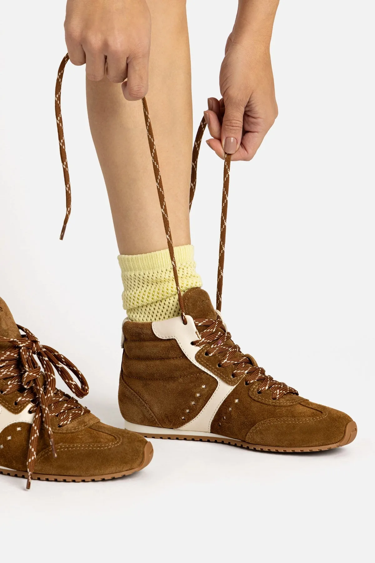 Riding Shoes Casual Stella Mid Sneaker In Russet Suede and Ivory Leather