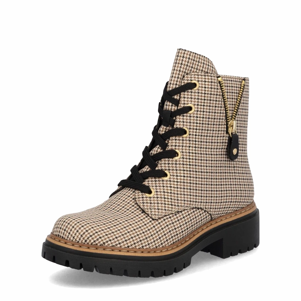 Cowboy Boots For Cheap Rieker Women's Pearl 17 Plaid Side Zip Lace Boot in Beige/Black