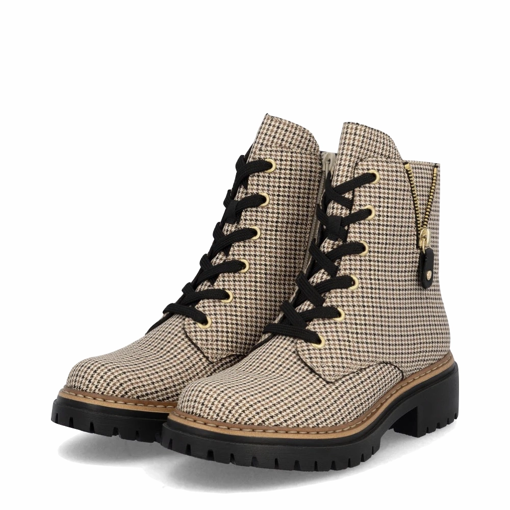Genuine Leather Ankle Boots Rieker Women's Pearl 17 Plaid Side Zip Lace Boot in Beige/Black