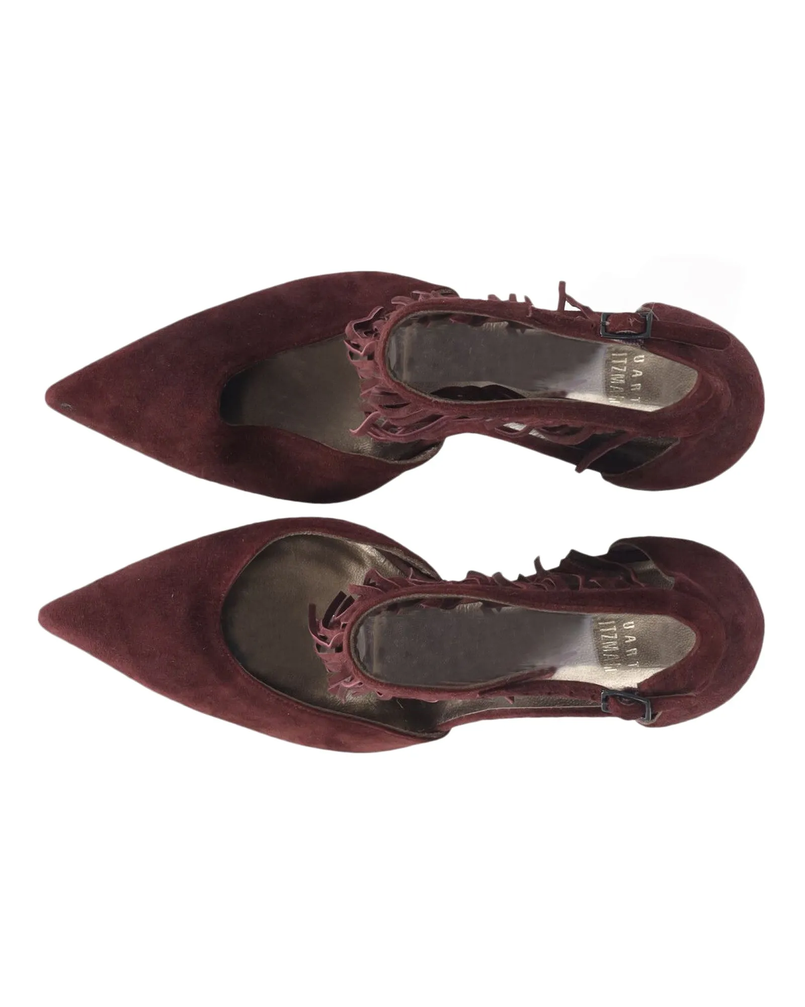 High Heels Comfort Stuart Weitzman Fringelica Ankle Strap Heels in Burgundy Suede