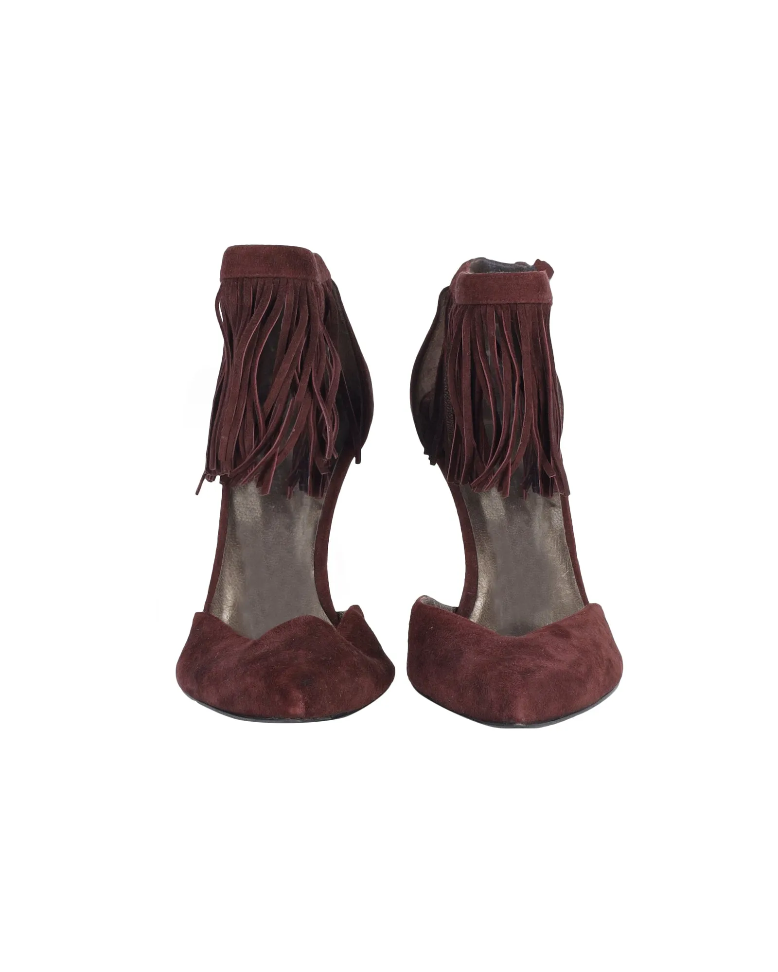 World High Heels Stuart Weitzman Fringelica Ankle Strap Heels in Burgundy Suede