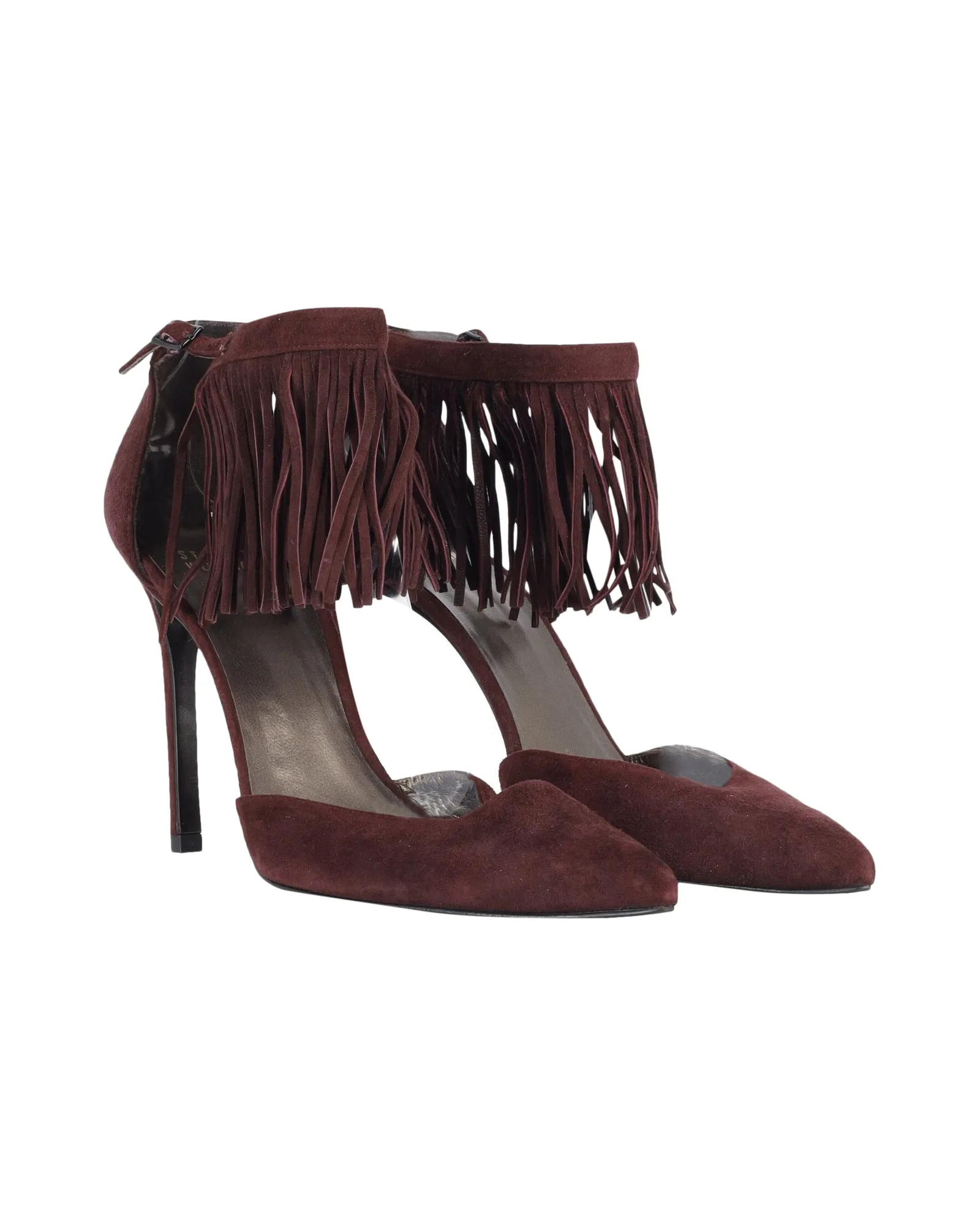 Stuart Weitzman Fringelica Ankle Strap Heels in Burgundy Suede High Heel Loafers Outfit