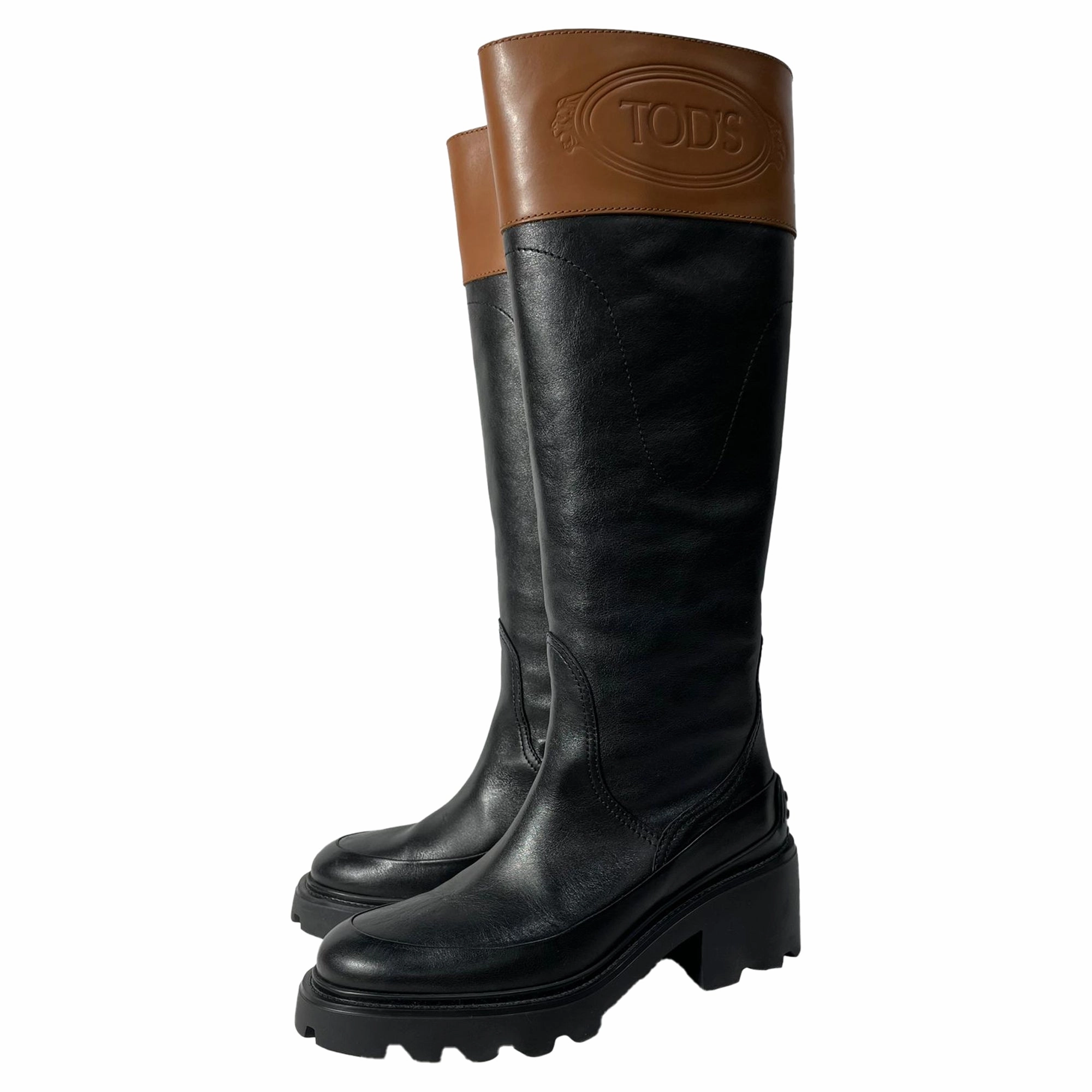 Man Cowboy Boots Tod's Two-Tone Knee Boots in Black Leather