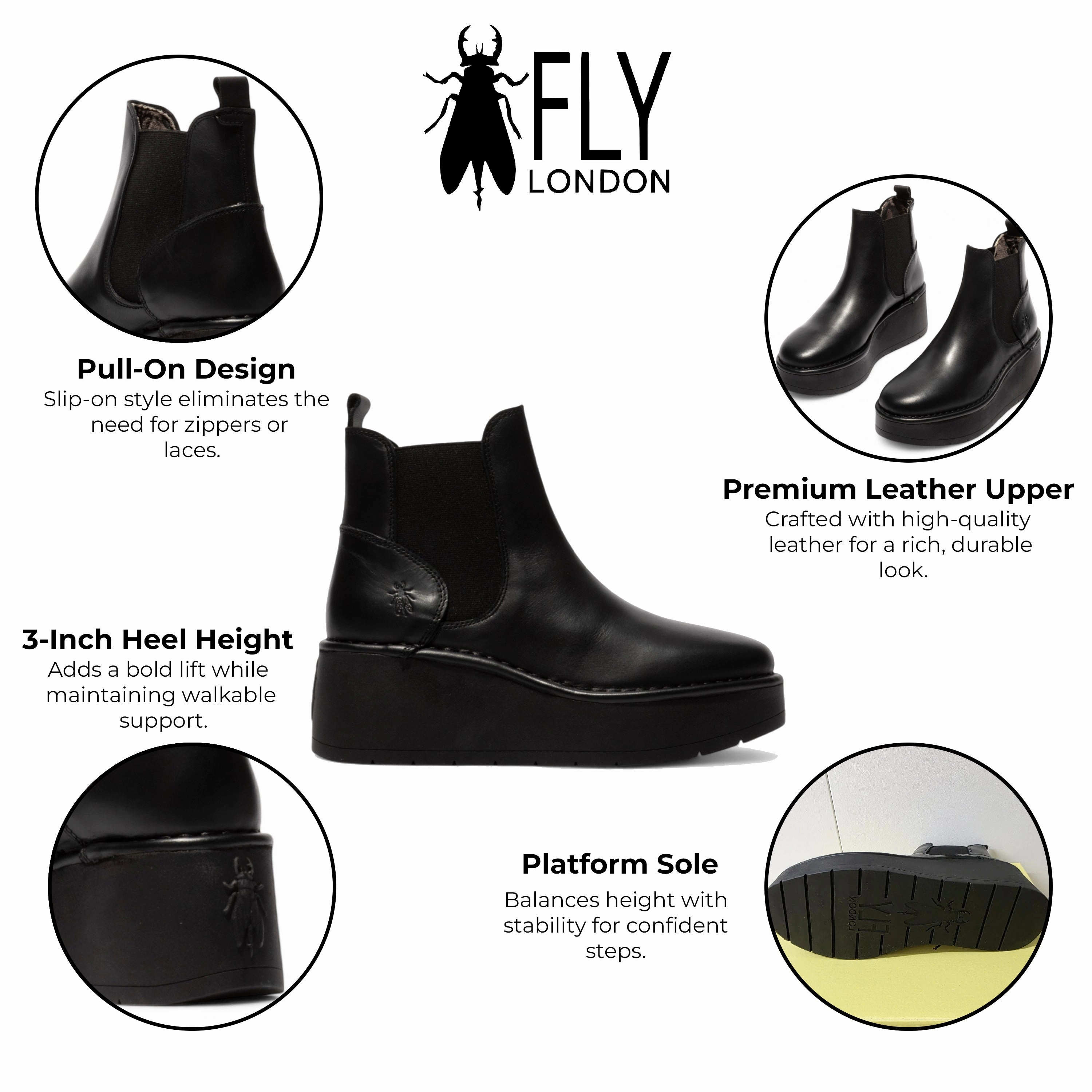 Fly London Womens Black HELY268 Chelsea Leather Ankle Pull-On Platform Comfort Boots Boots Nyc