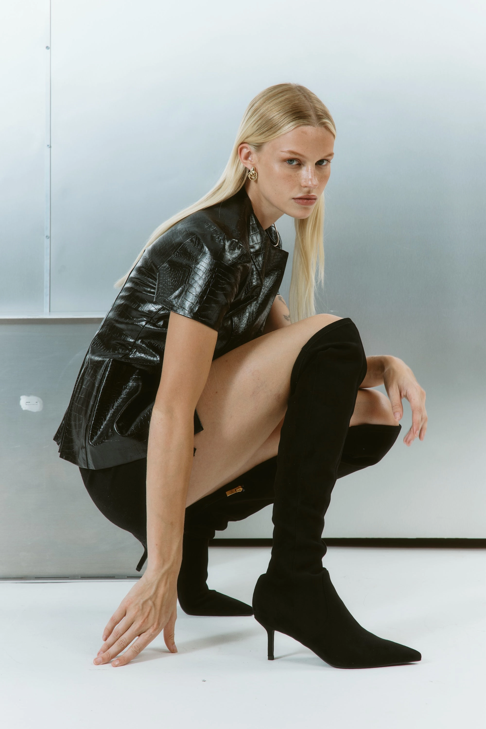 Yonas Long Boots - Black Stretch Microsuede Lug-sole Chelsea Boots