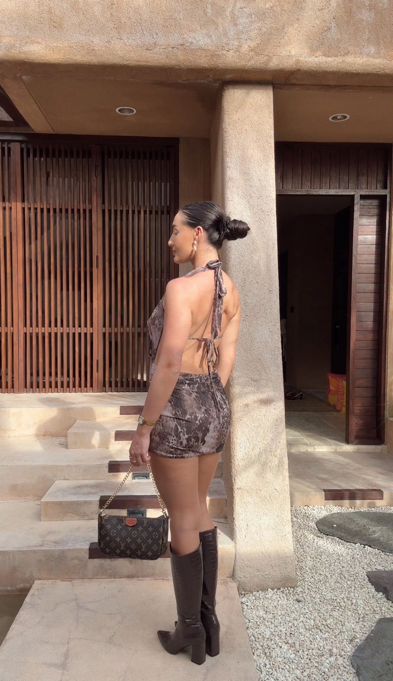 Magda Tall Boots - Chocolate Brown Croc Flat Dress Boots