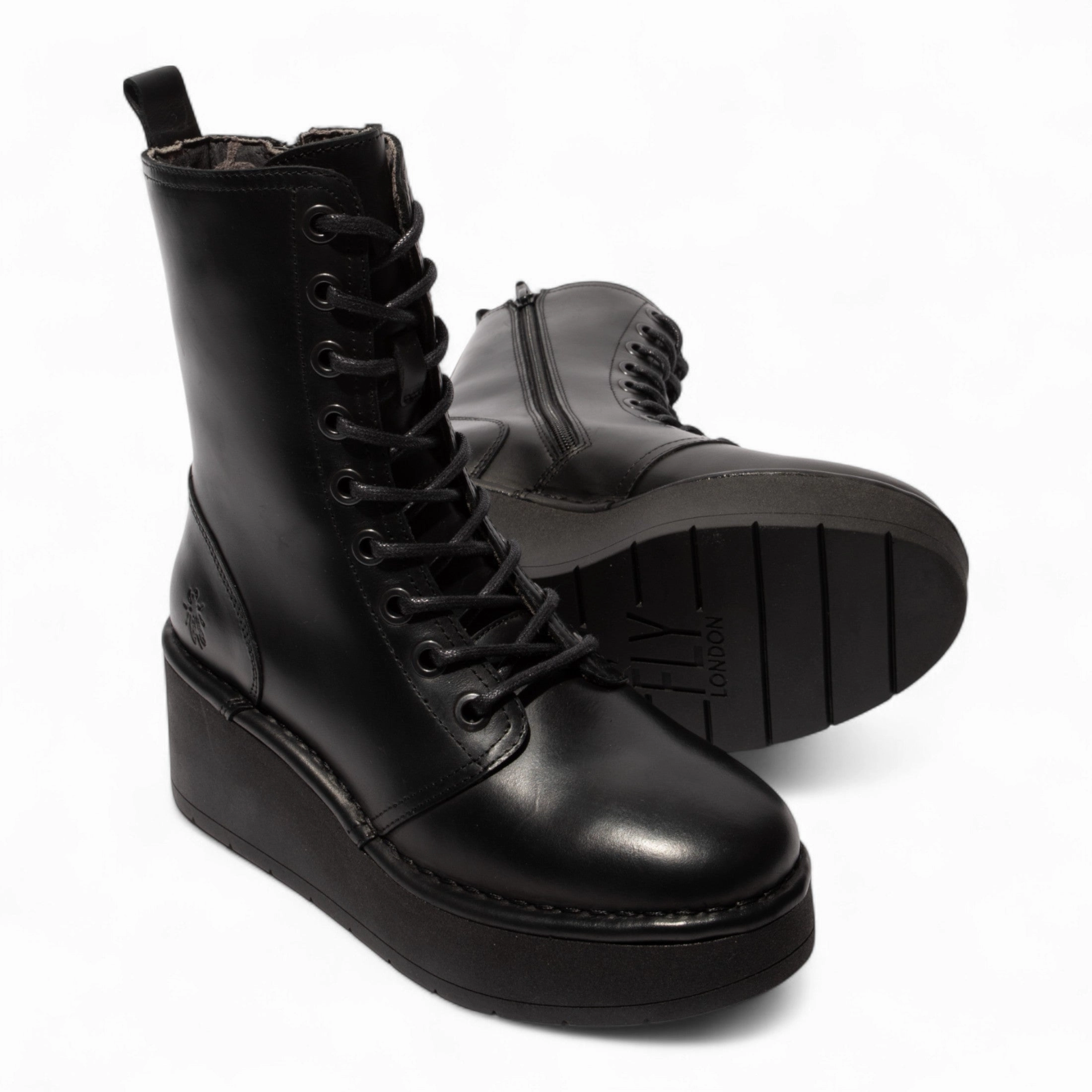 Fly London Womens Black HAIT273 Leather Lace-up Chunky Platform Ankle Boots Rear Entry Ski Boots