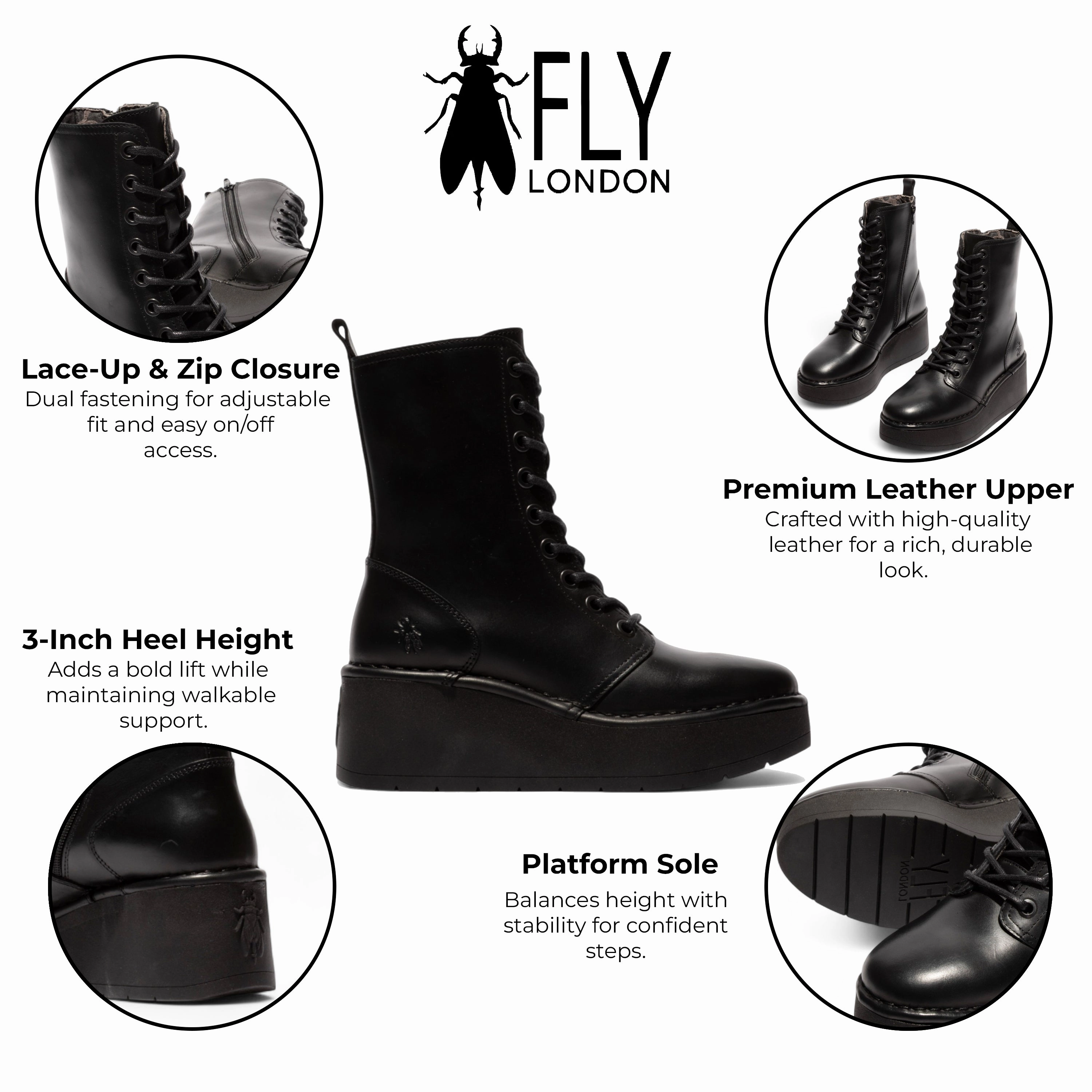 Chunky Combat Boots Fly London Womens Black HAIT273 Leather Lace-up Chunky Platform Ankle Boots