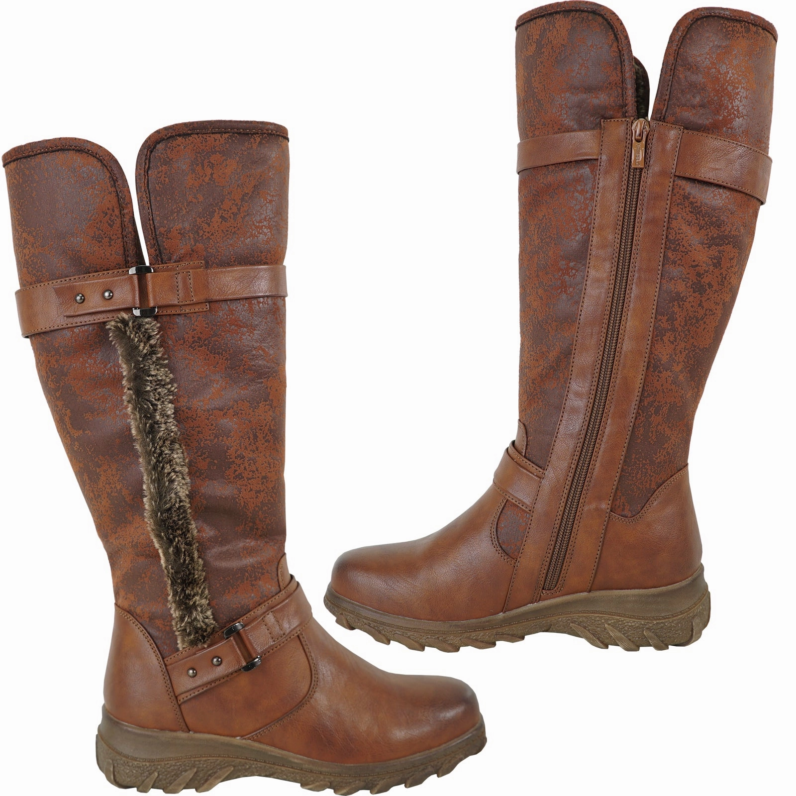 Raining Boots VANGELO Women Winter Fur Boot HF3596 Knee High Casual Boot BROWN