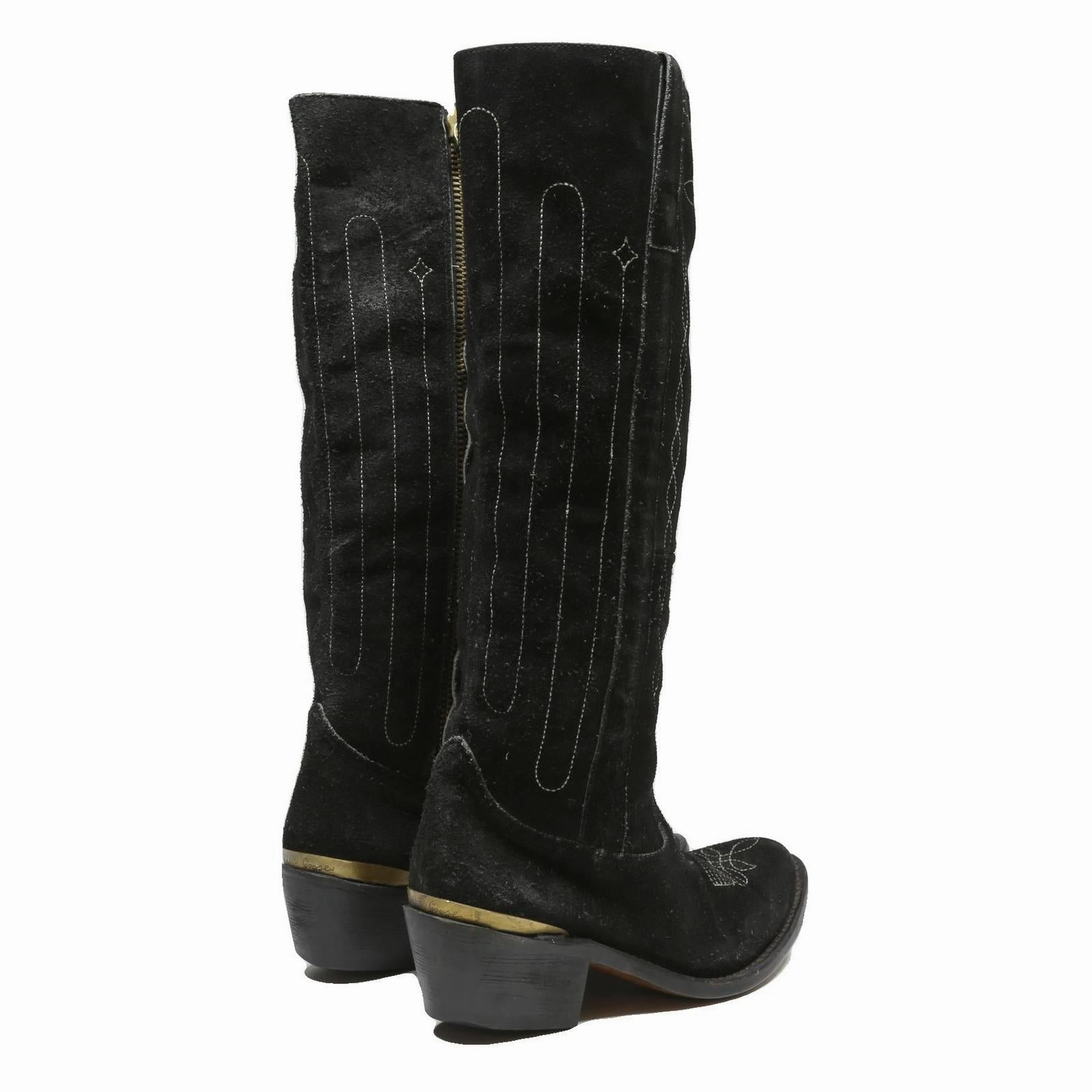 VENO CUOVO Womens Black Leather Knee High Western Boots UK 5 Stylish Stitching Lucchese Work Boots