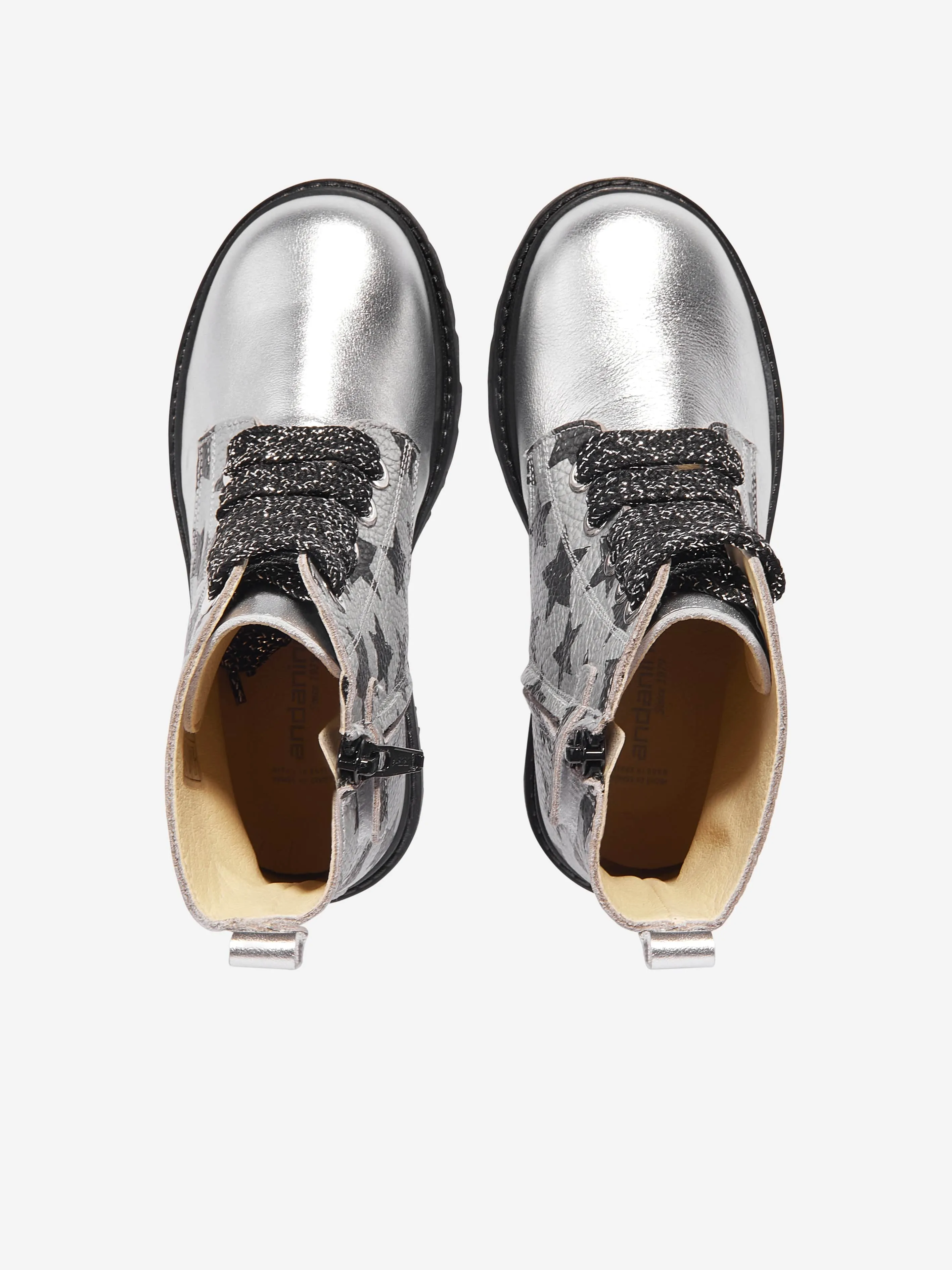 Andanines Girls Leather Lace Up Star Boots in Silver Altered State Boots