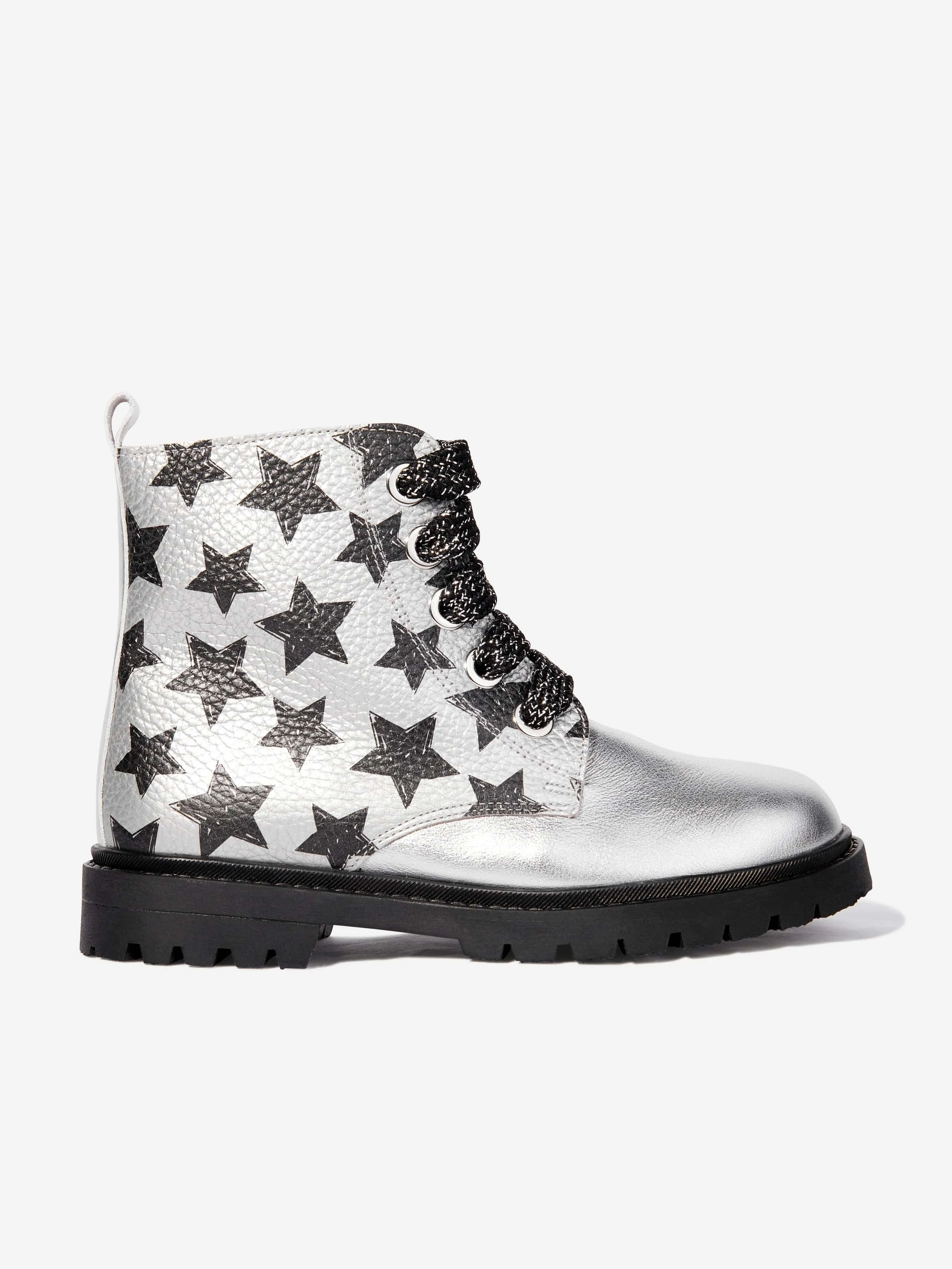 Chelsea Boots With Suit Andanines Girls Leather Lace Up Star Boots in Silver