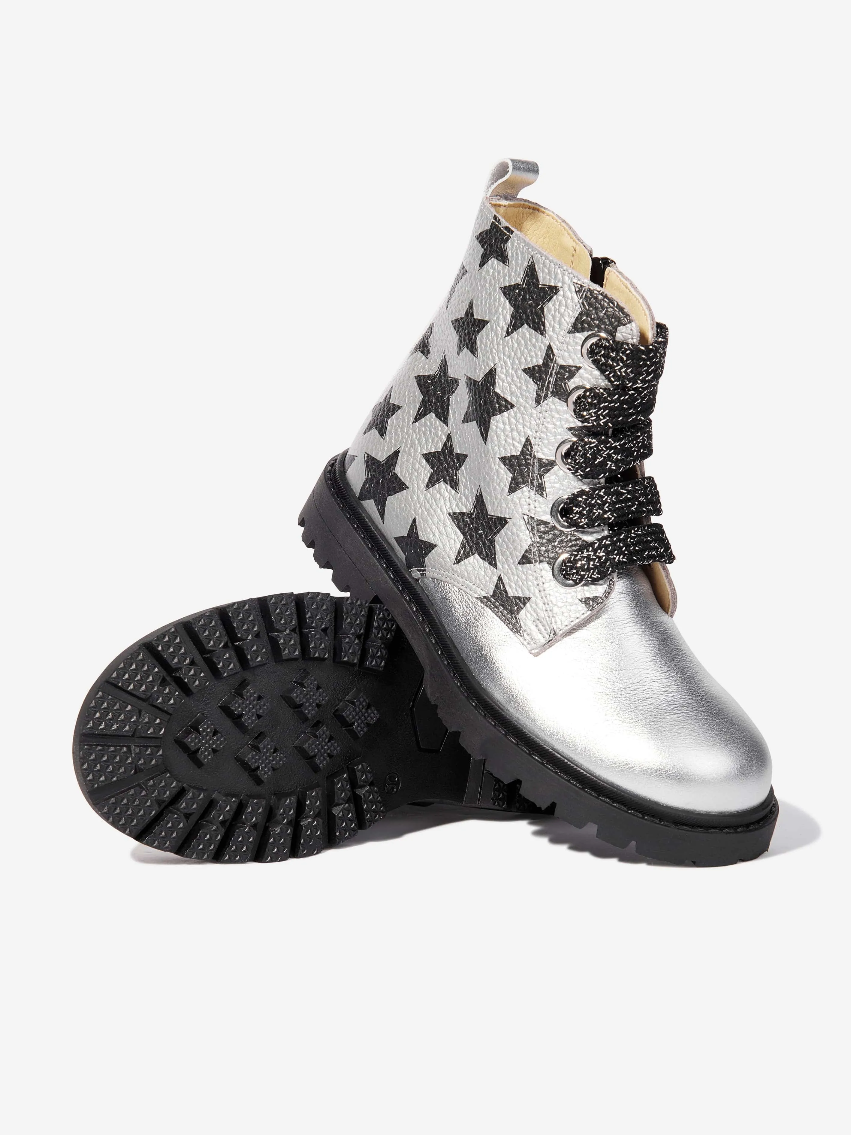 High Boots Andanines Girls Leather Lace Up Star Boots in Silver