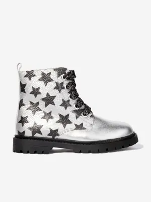Jika Tabi Boots Andanines Girls Leather Lace Up Star Boots in Silver