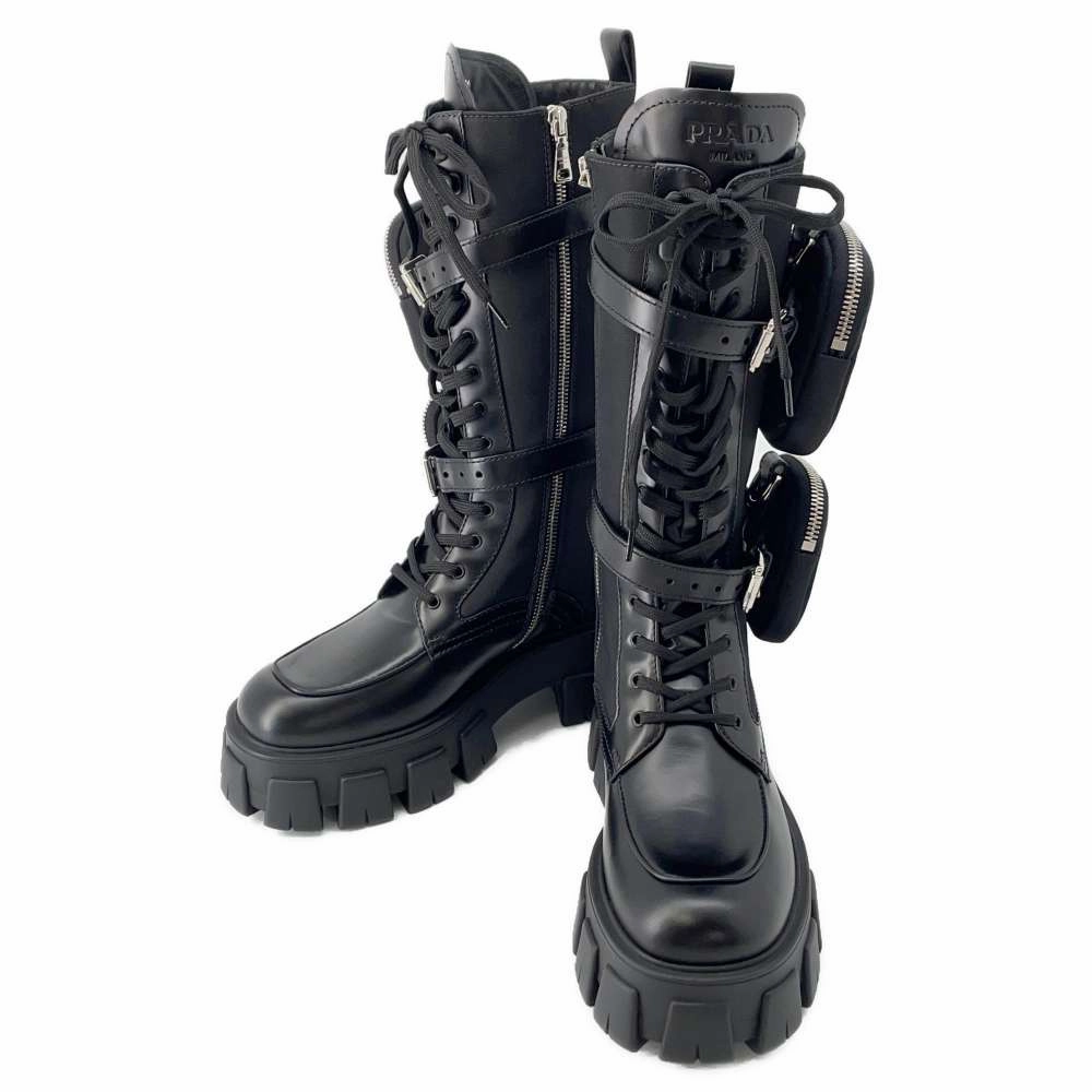 PRADA Long Boots Monolith Combat Boots with Pouch Black Leather Nylon Size 37 2/1 Extra Wide Boots