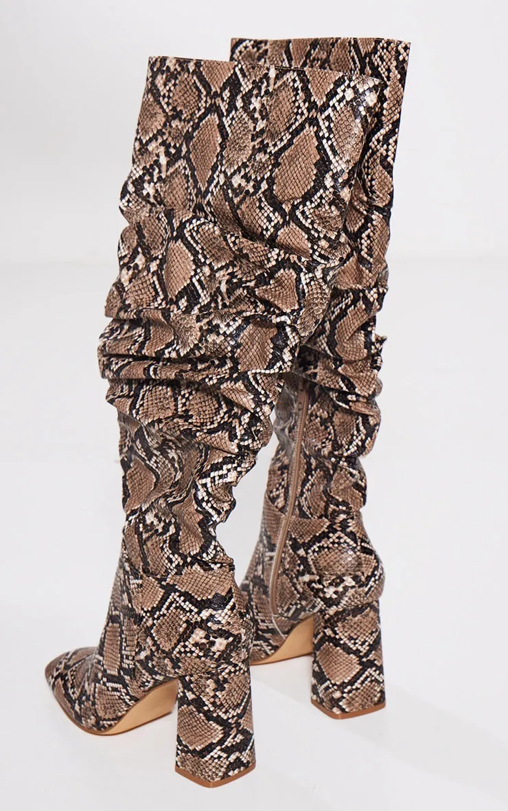 Snake Print PU Square Toe Ruched Knee High Boots Wings Boots